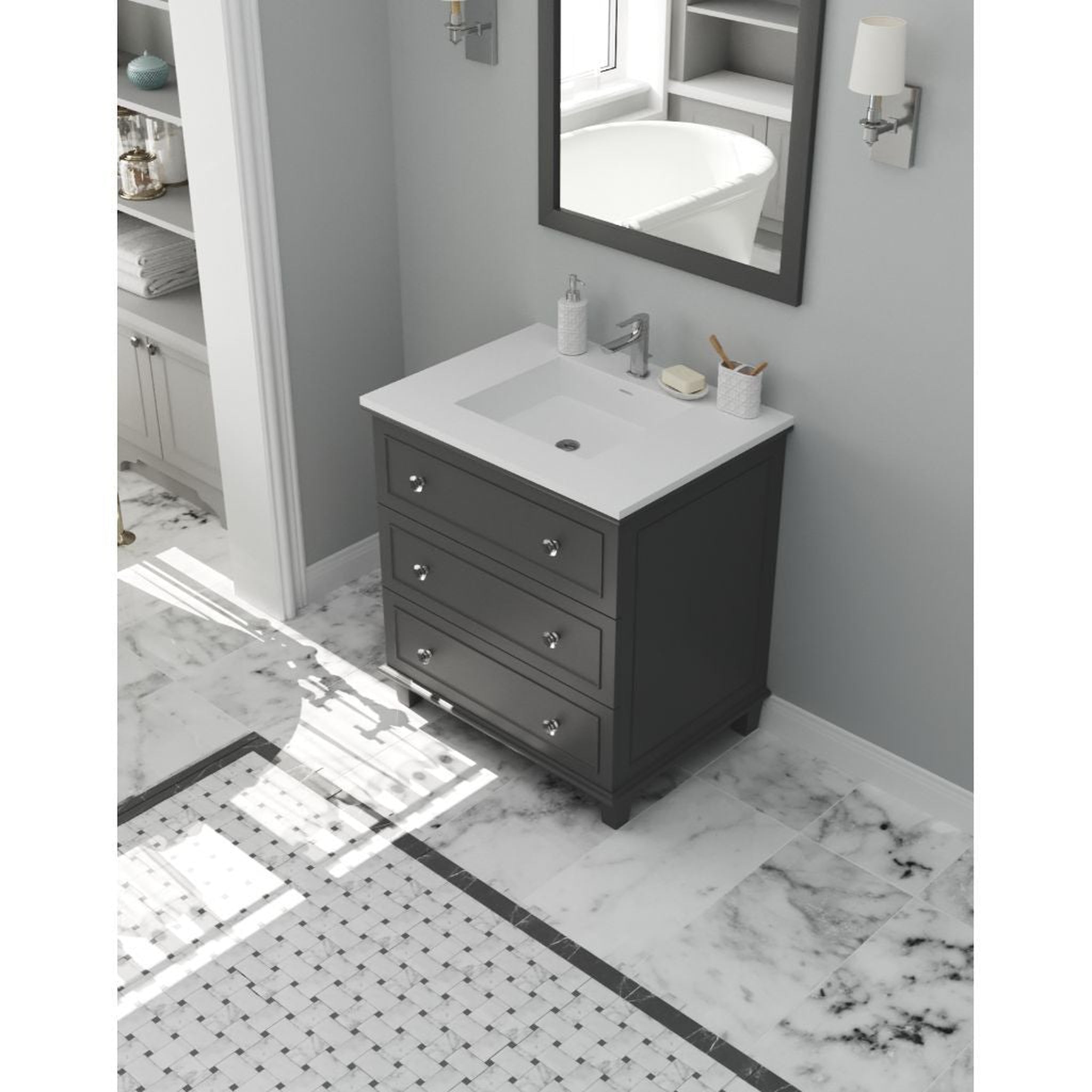 Laviva, Laviva Luna 30" Maple Gray Vanity Base and Matte White Viva Stone Solid Surface Countertop With Integrated Sink