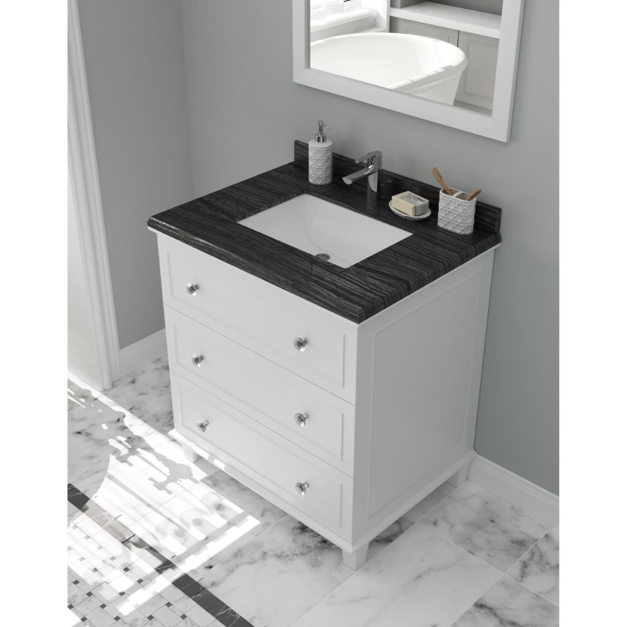 Laviva, Laviva Luna 30" White Vanity Base and Black Wood Marble Countertop With Rectangular Ceramic Sink