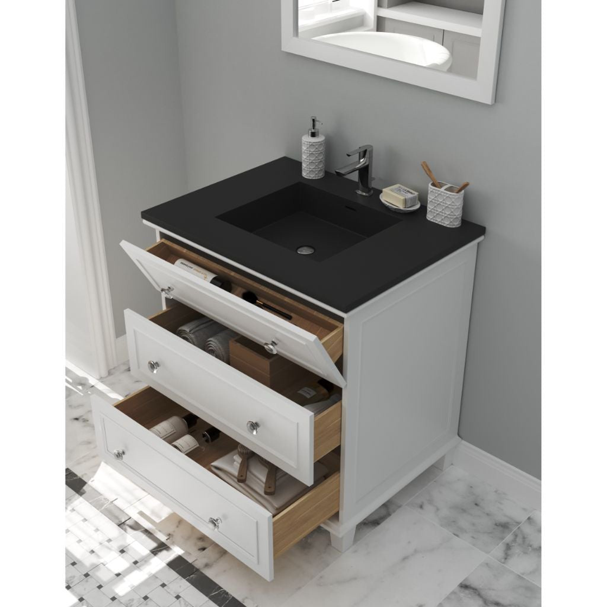 Laviva, Laviva Luna 30" White Vanity Base and Matte Black Viva Stone Solid Surface Countertop With Integrated Sink