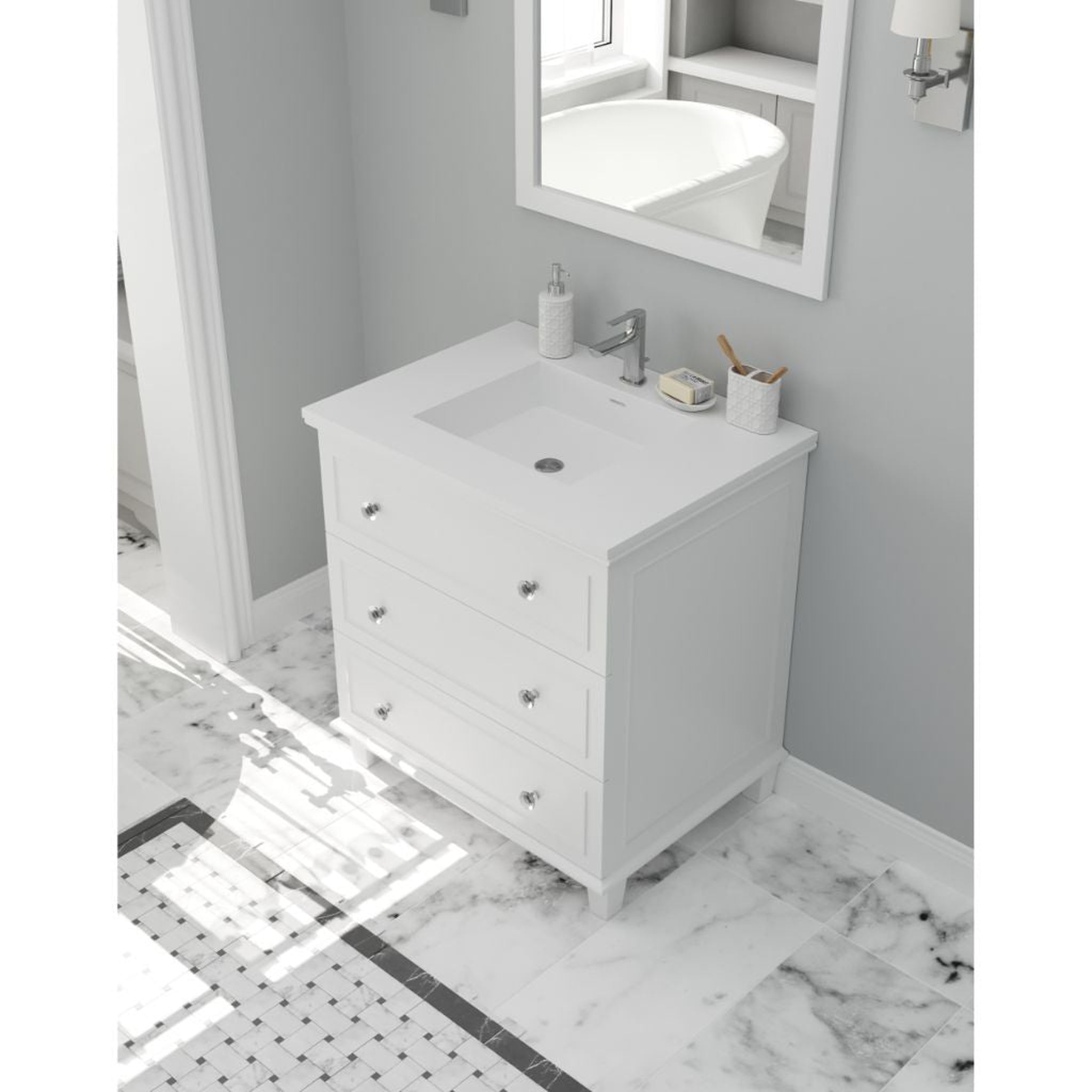 Laviva, Laviva Luna 30" White Vanity Base and Matte White Viva Stone Solid Surface Countertop With Integrated Sink