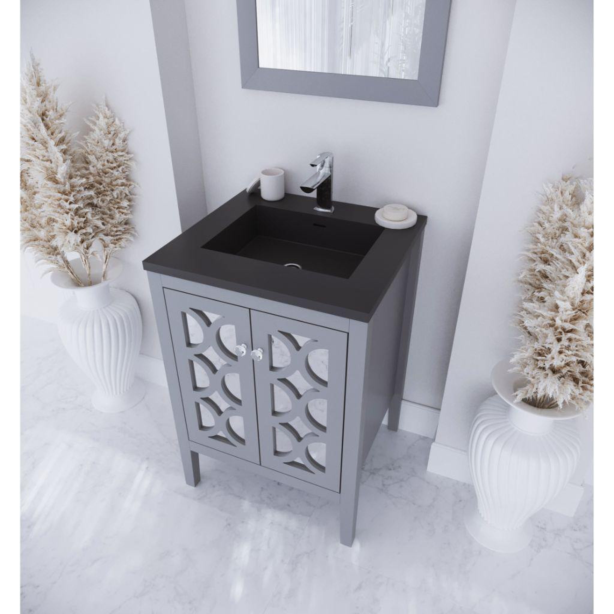 Laviva, Laviva Mediterraneo 24" Gray Vanity Base and Matte Black Viva Stone Solid Surface Countertop With Integrated Sink