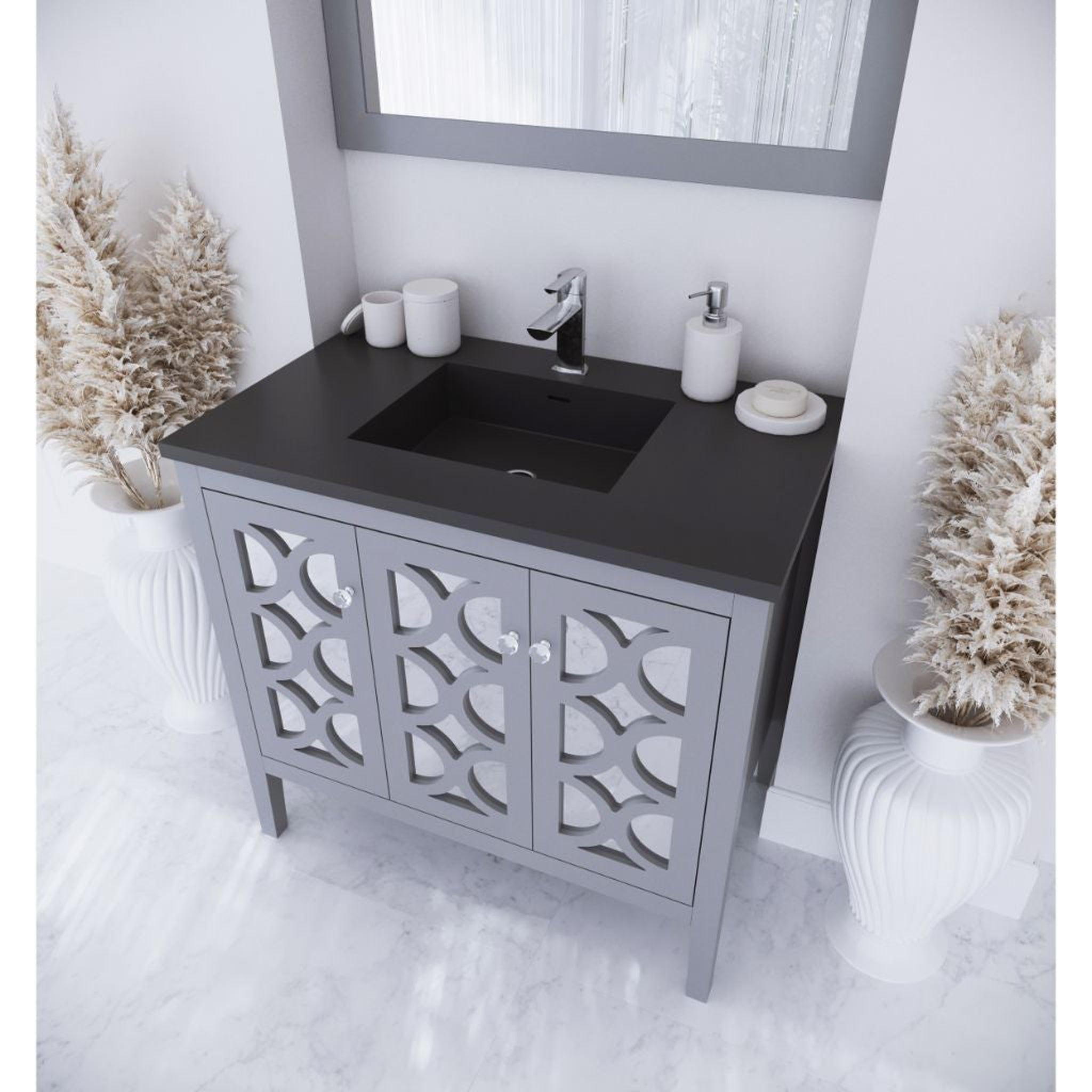 Laviva, Laviva Mediterraneo 36" Gray Vanity Base and Matte Black Viva Stone Solid Surface Countertop With Integrated Sink