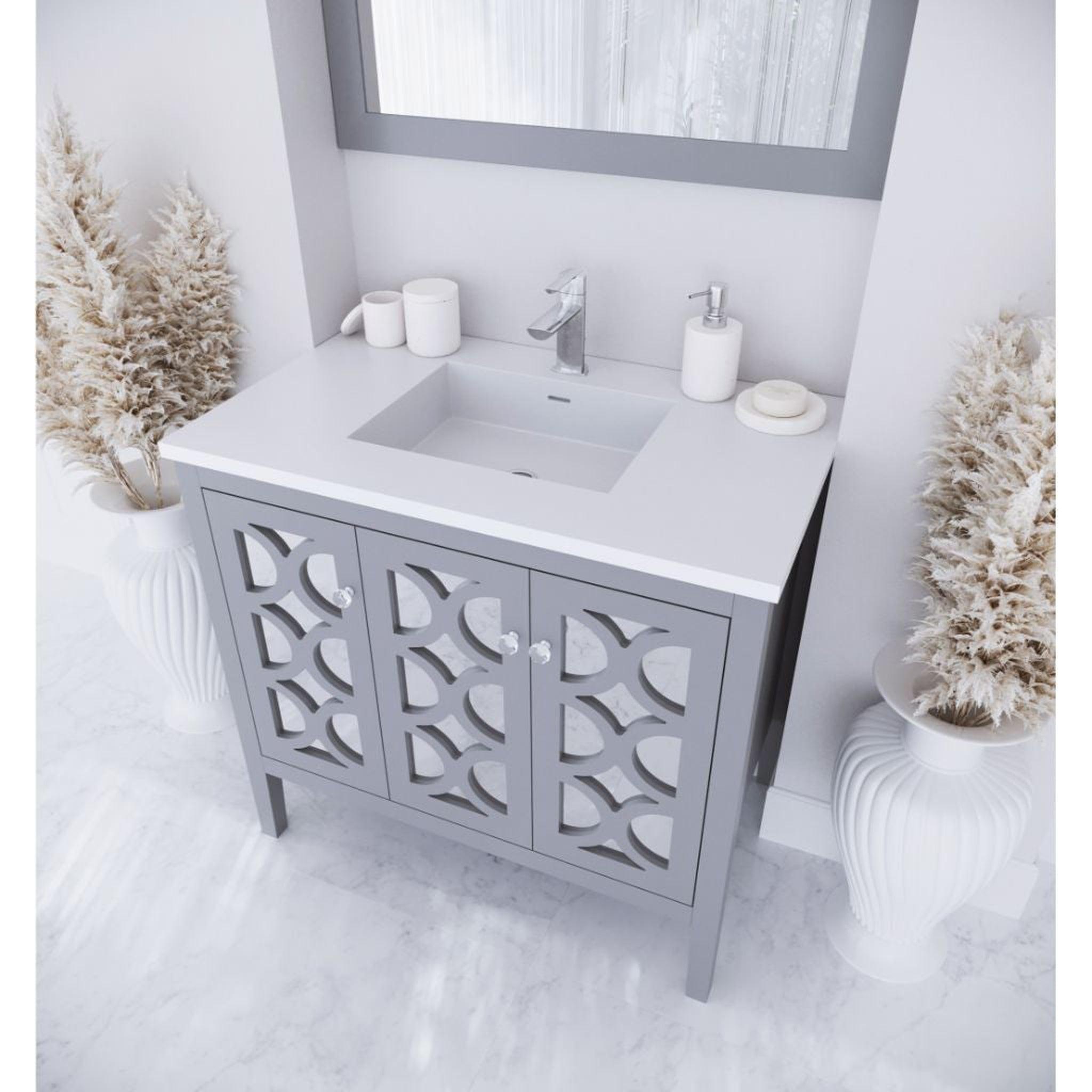 Laviva, Laviva Mediterraneo 36" Gray Vanity Base and Matte White Viva Stone Solid Surface Countertop With Integrated Sink