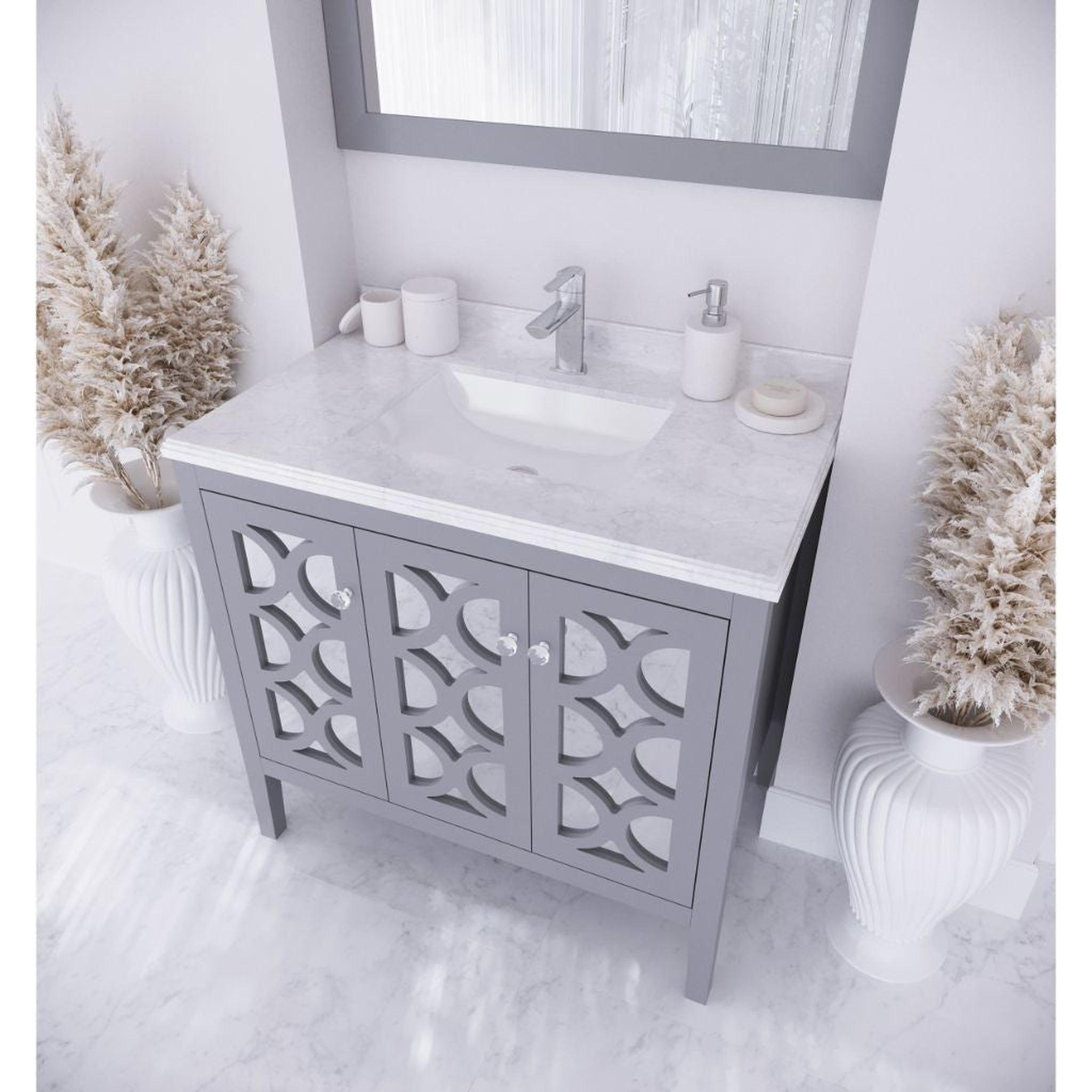 Laviva, Laviva Mediterraneo 36" Gray Vanity Base and White Carrara Marble Countertop With Rectangular Ceramic Sink