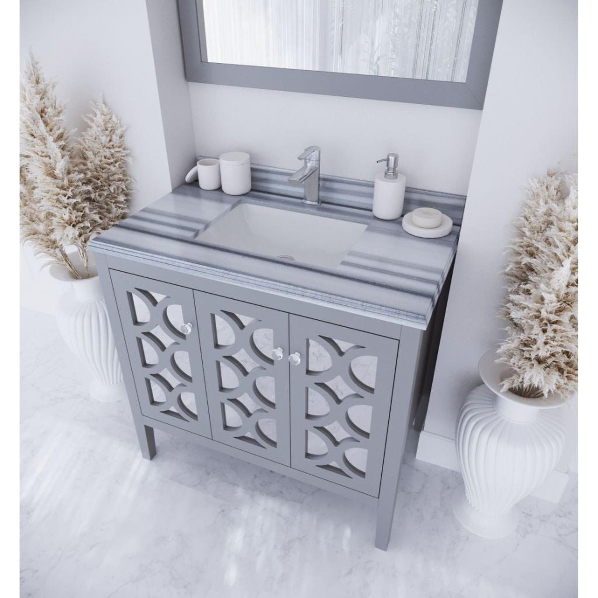 Laviva, Laviva Mediterraneo 36" Gray Vanity Base and White Stripes Marble Countertop With Rectangular Ceramic Sink