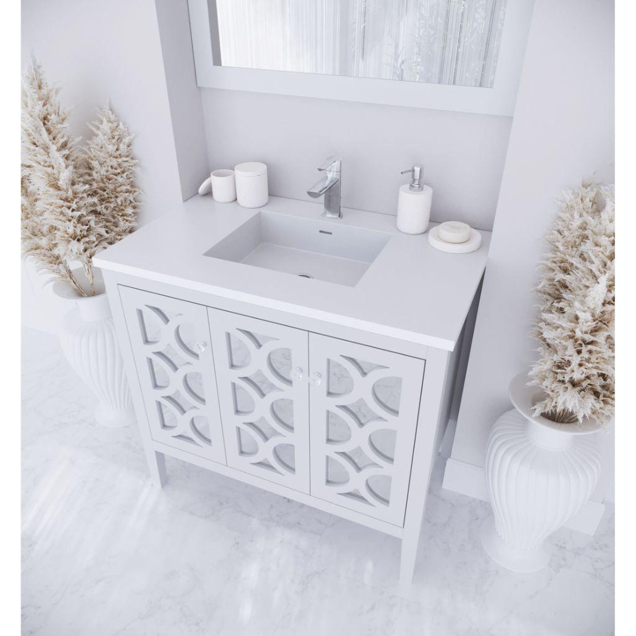 Laviva, Laviva Mediterraneo 36" White Vanity Base and Matte White Viva Stone Solid Surface Countertop With Integrated Sink