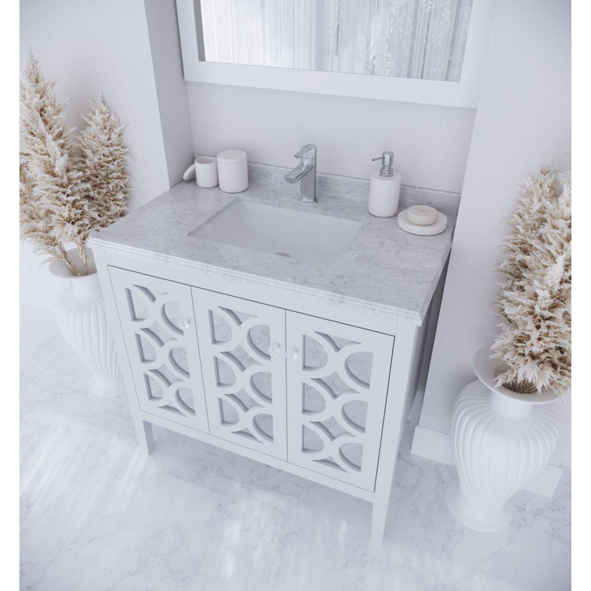 Laviva, Laviva Mediterraneo 36" White Vanity Base and White Carrara Marble Countertop With Rectangular Ceramic Sink