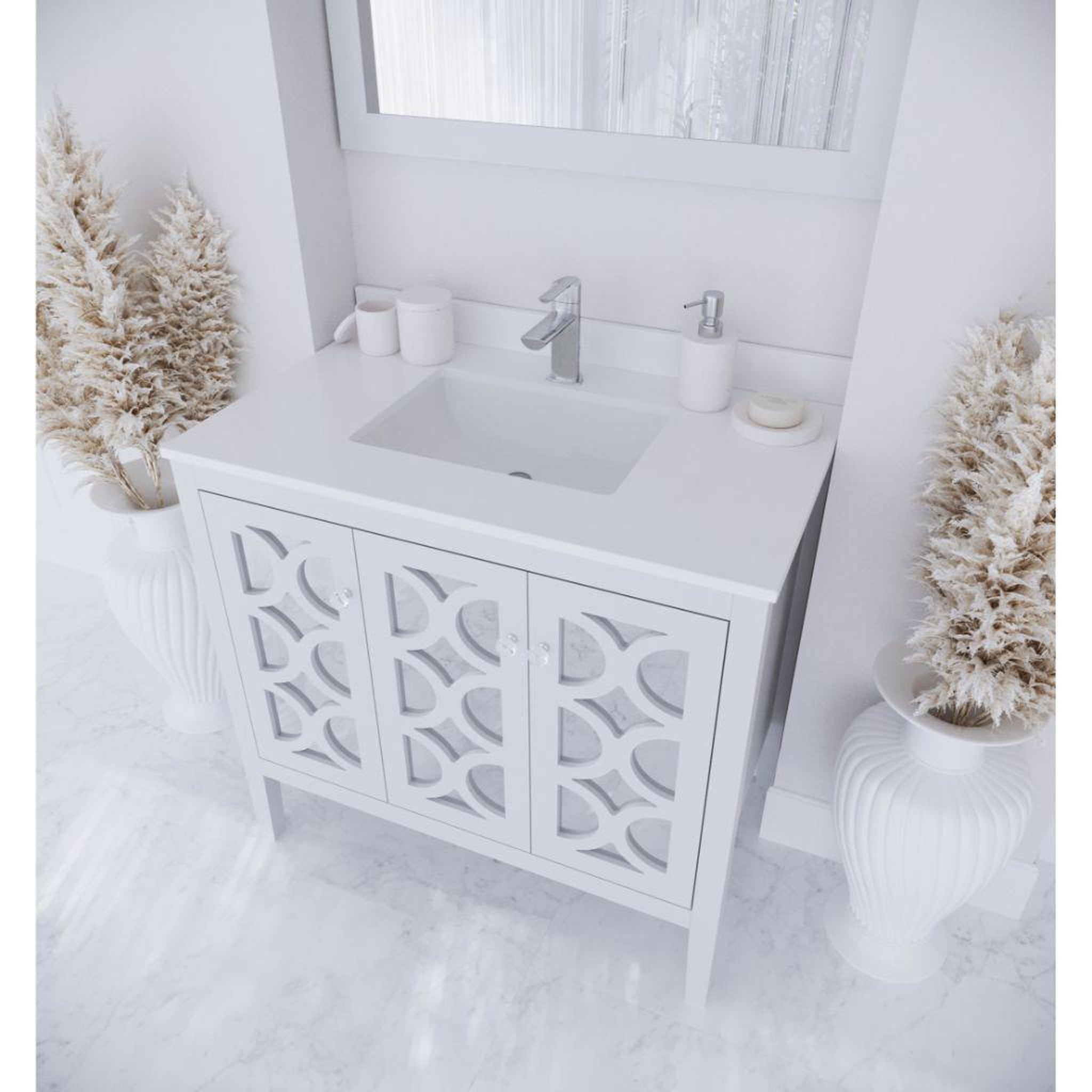 Laviva, Laviva Mediterraneo 36" White Vanity Base and White Quartz Countertop with Rectangular Ceramic Sink