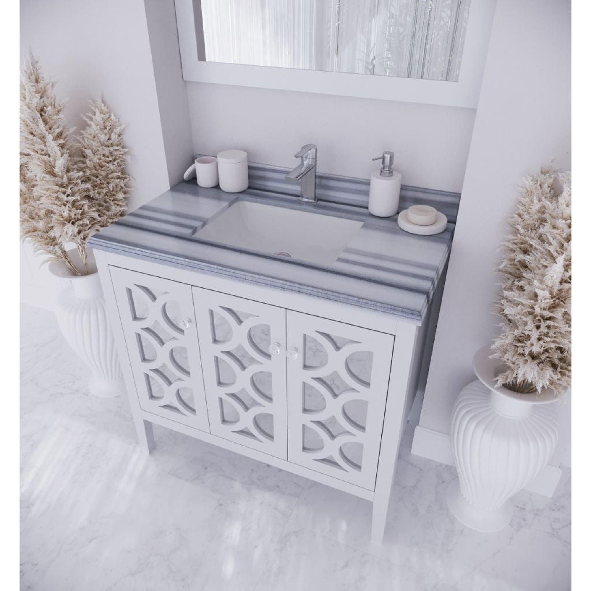 Laviva, Laviva Mediterraneo 36" White Vanity Base and White Stripes Marble Countertop With Rectangular Ceramic Sink