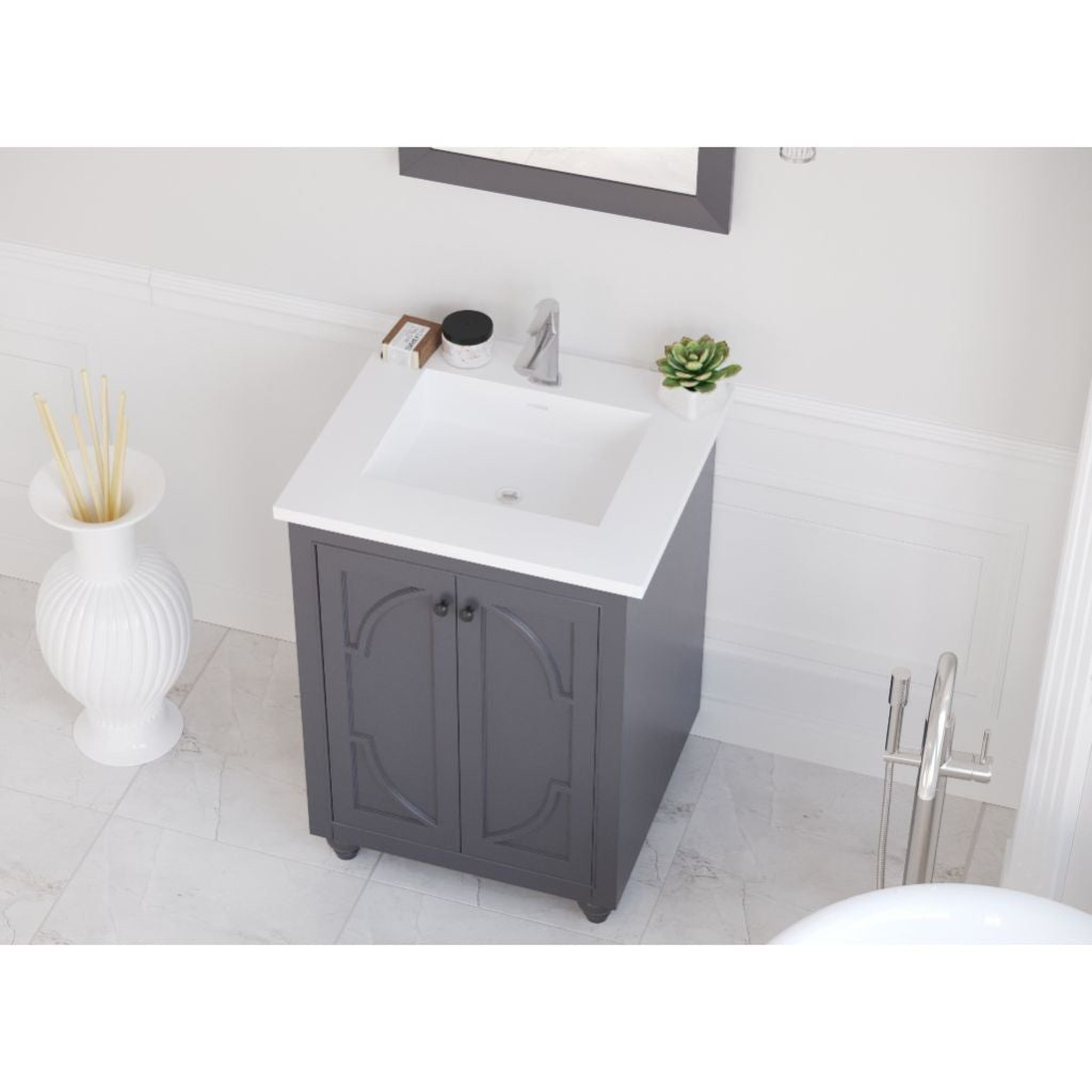 Laviva, Laviva Odyssey 24" Maple Gray Vanity Base and Matte White Solid Surface Countertop With Integrated Sink