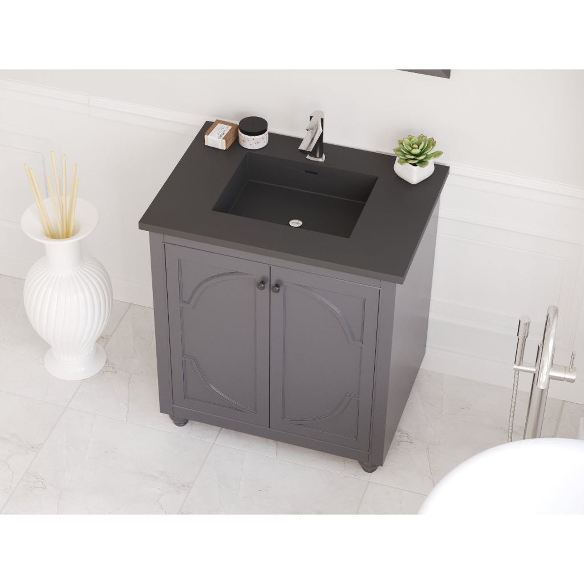 Laviva, Laviva Odyssey 30" Maple Gray Vanity Base and Matte Black Solid Surface Countertop With Integrated Sink