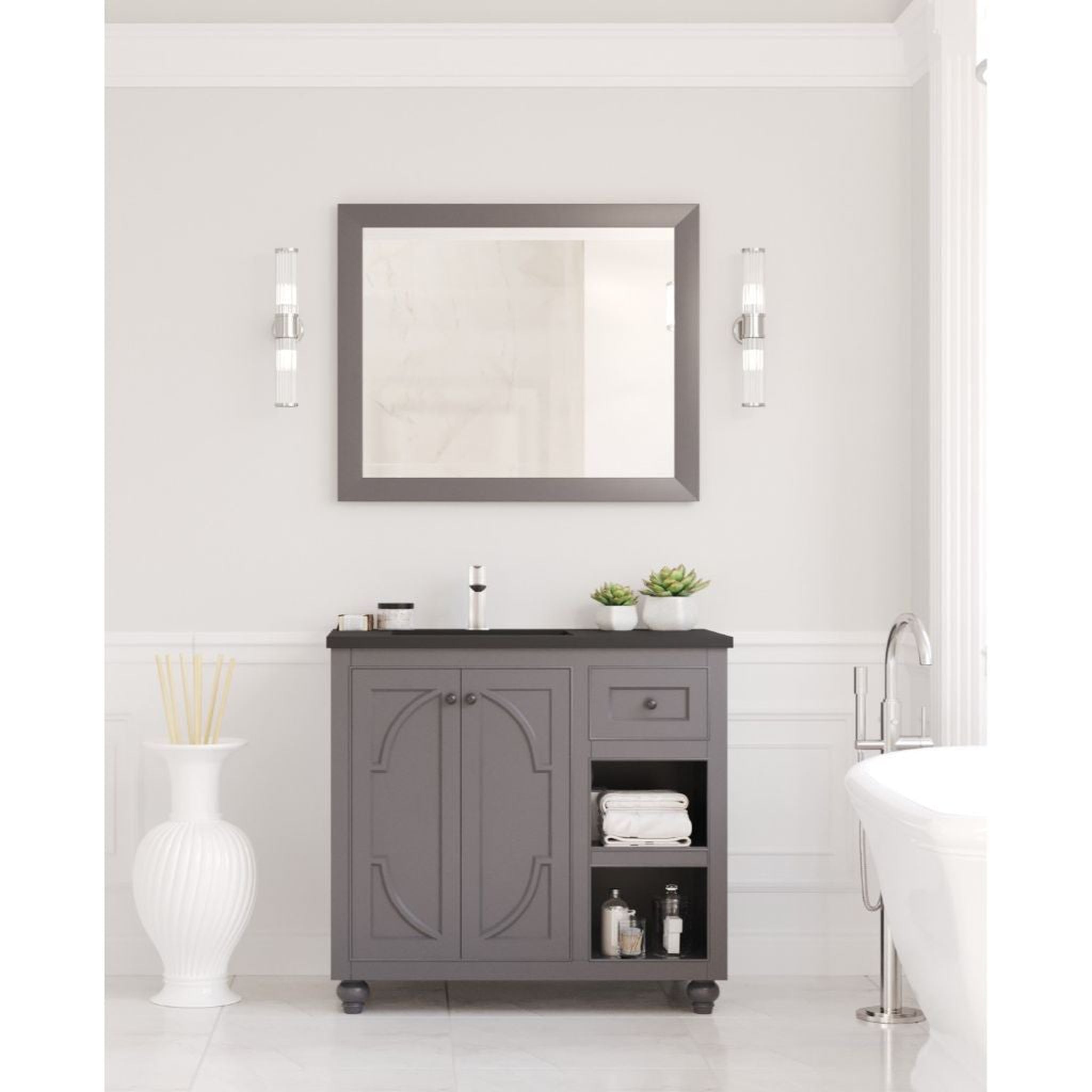 Laviva, Laviva Odyssey 36" Maple Gray Vanity Base and Matte Black Solid Surface Countertop With Left Offset Integrated Sink