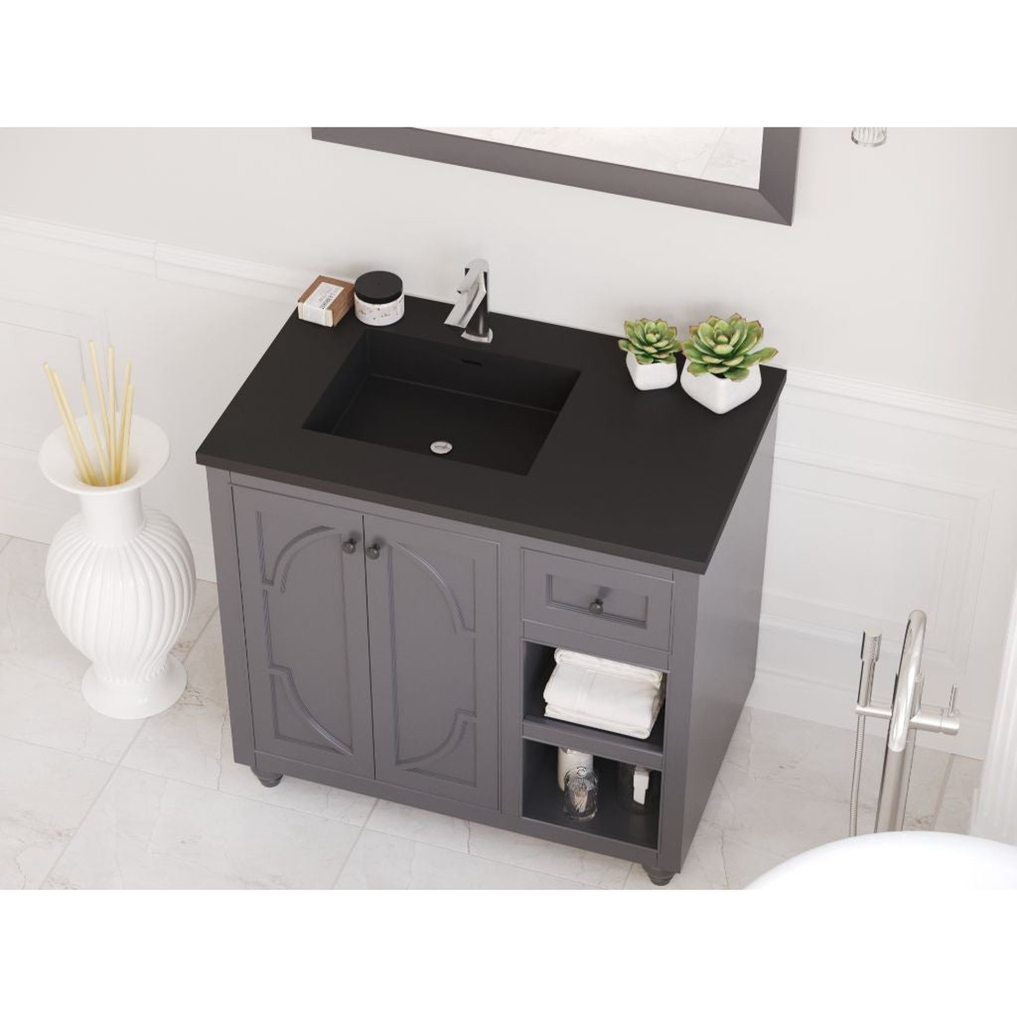 Laviva, Laviva Odyssey 36" Maple Gray Vanity Base and Matte Black Solid Surface Countertop With Left Offset Integrated Sink