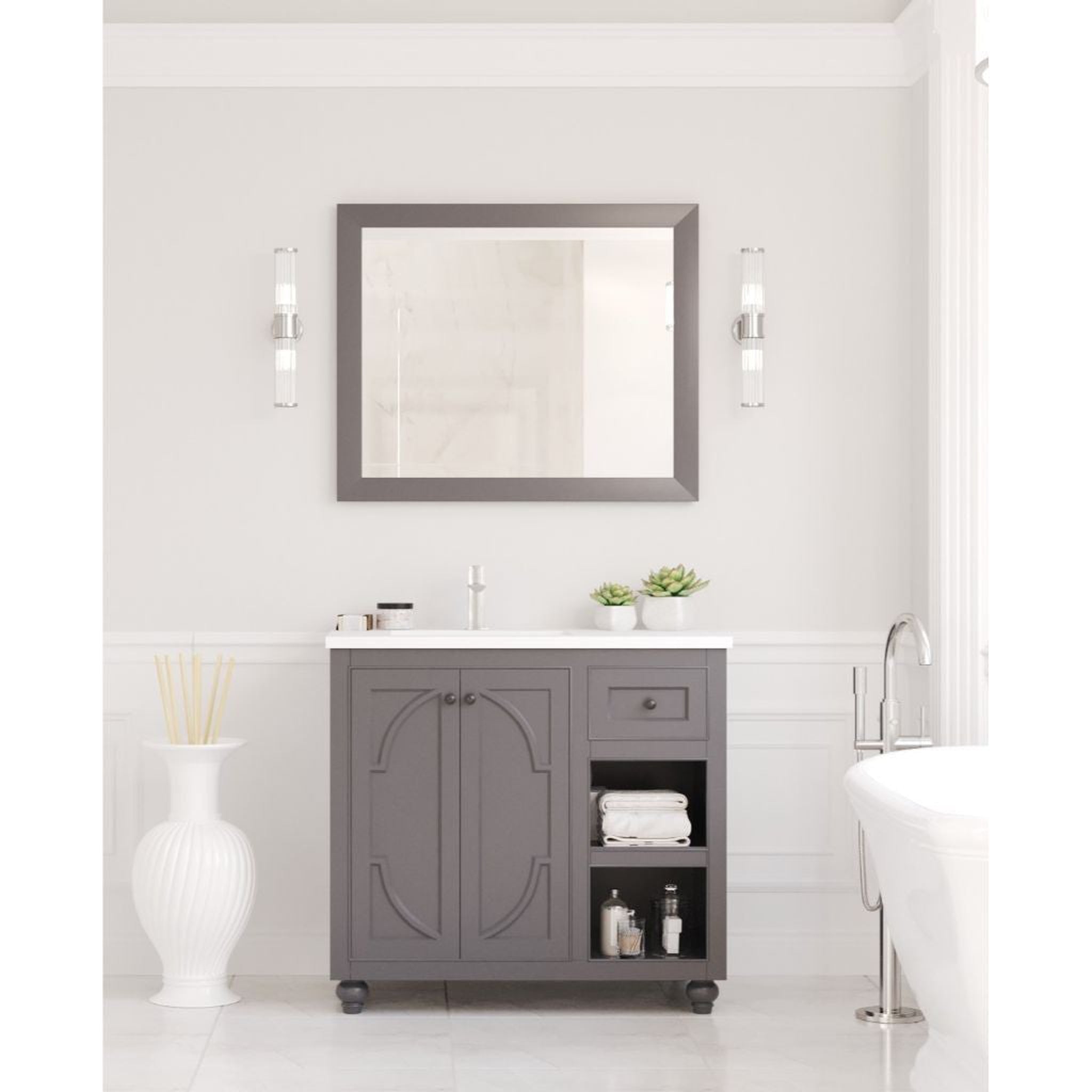 Laviva, Laviva Odyssey 36" Maple Gray Vanity Base and Matte White Solid Surface Countertop With Left Offset Integrated Sink