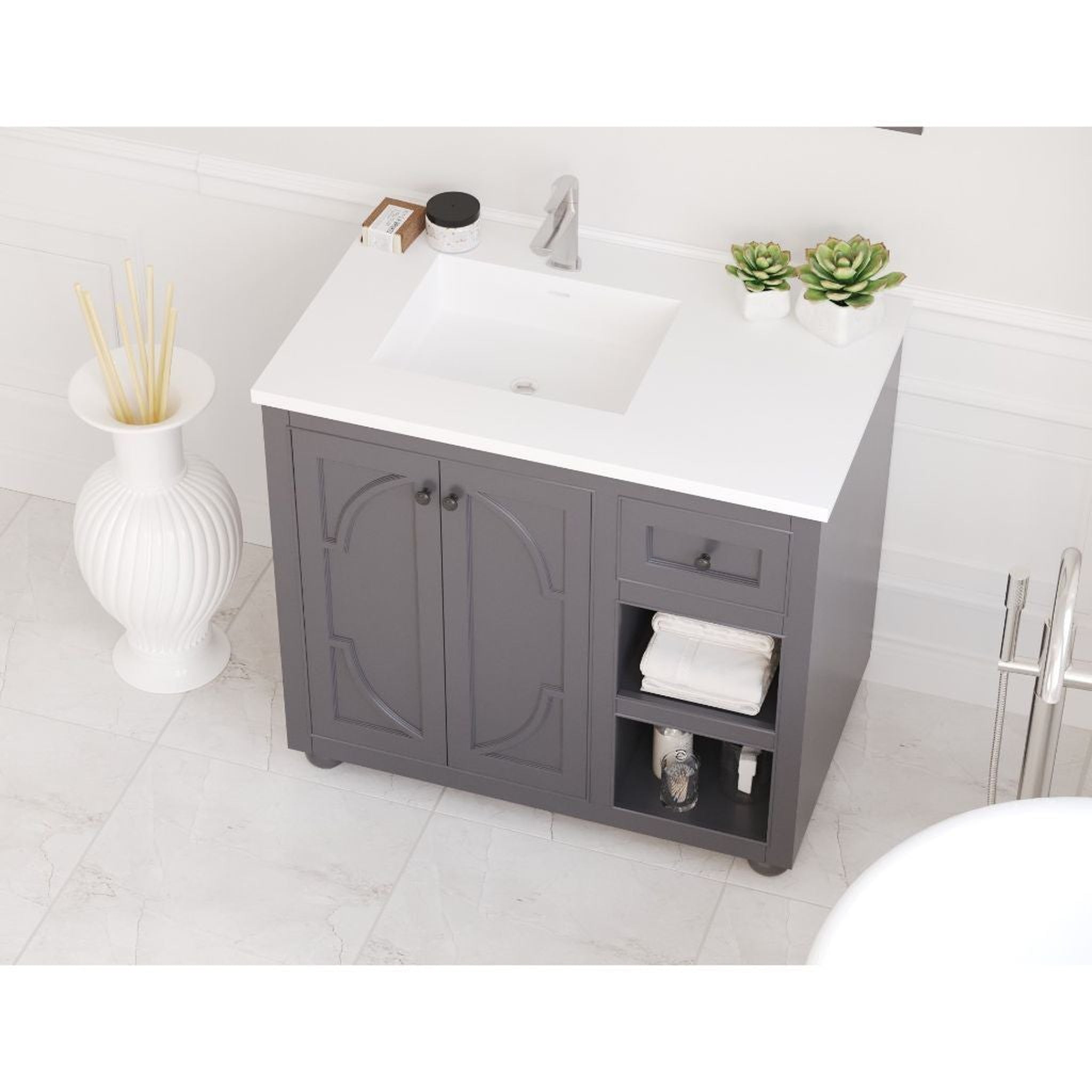 Laviva, Laviva Odyssey 36" Maple Gray Vanity Base and Matte White Solid Surface Countertop With Left Offset Integrated Sink