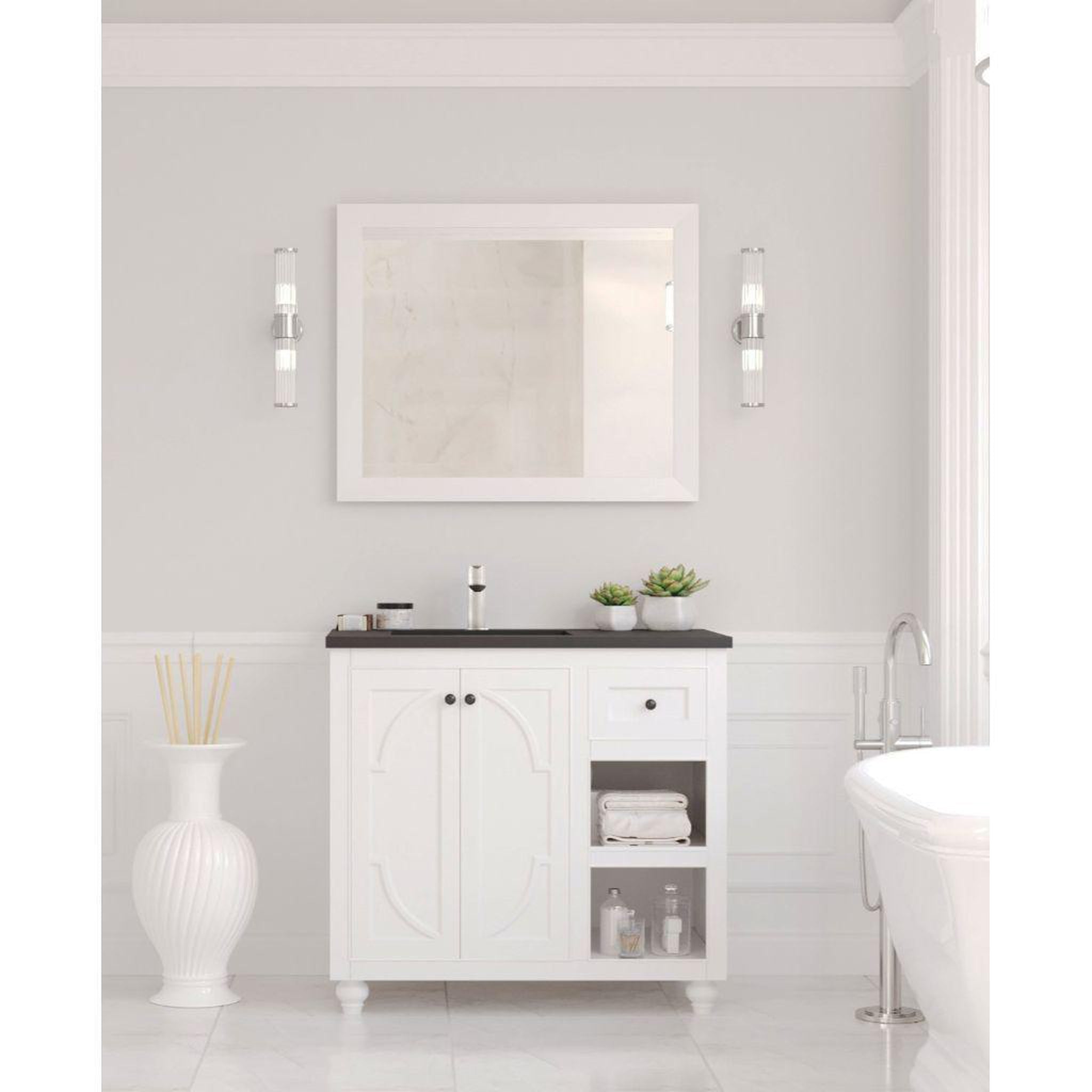 Laviva, Laviva Odyssey 36" White Vanity Base and Matte Black Solid Surface Countertop With Left Offset Integrated Sink