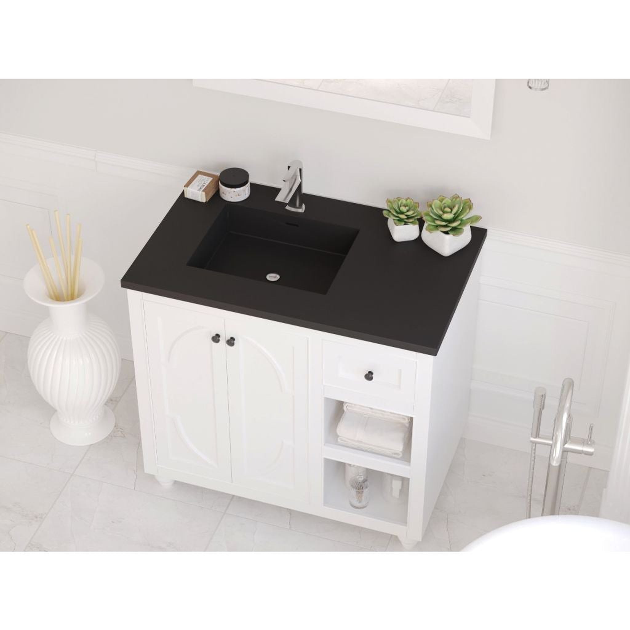 Laviva, Laviva Odyssey 36" White Vanity Base and Matte Black Solid Surface Countertop With Left Offset Integrated Sink