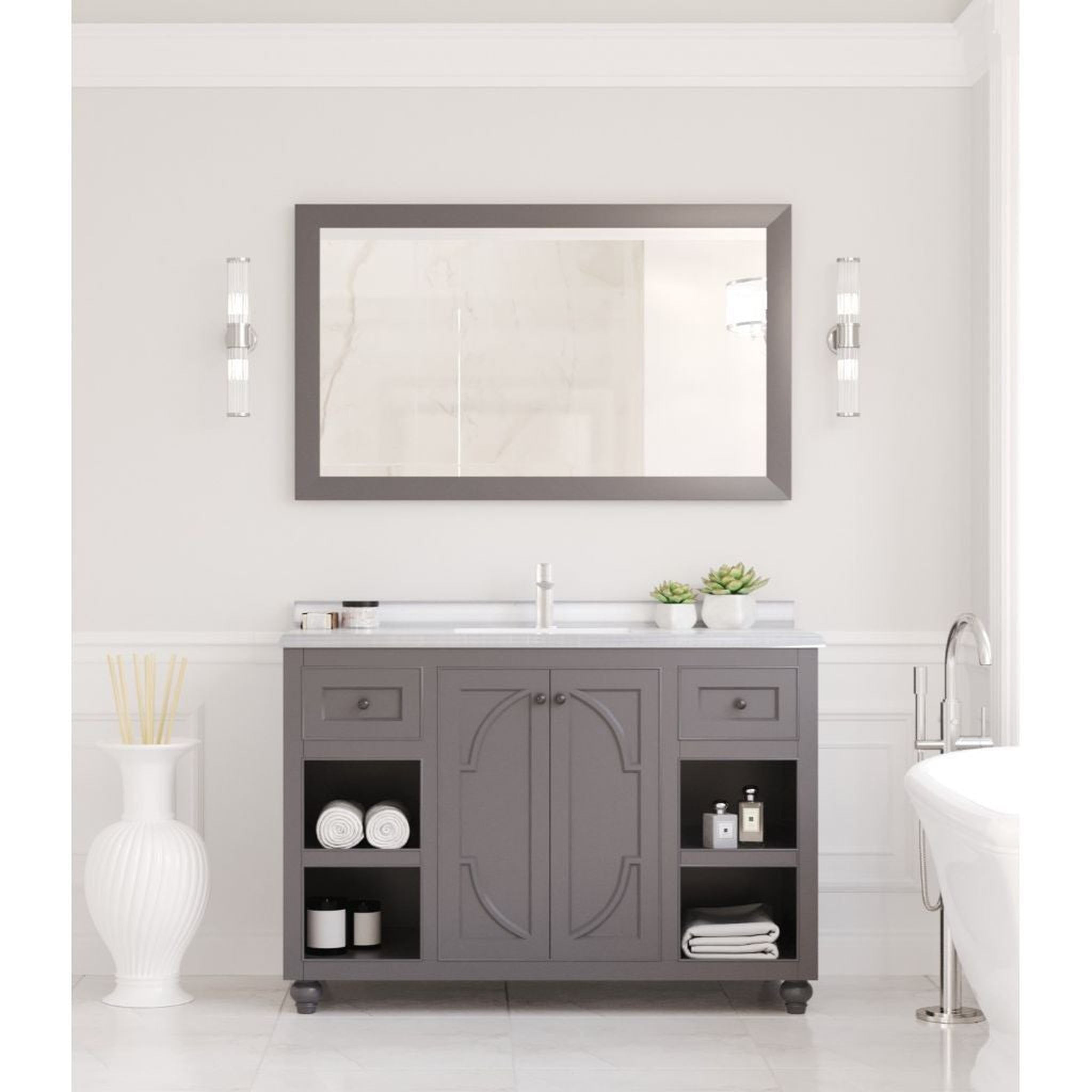 Laviva, Laviva Odyssey 48" Maple Gray Vanity Base and White Stripes Marble Countertop With Rectangular Ceramic Sink