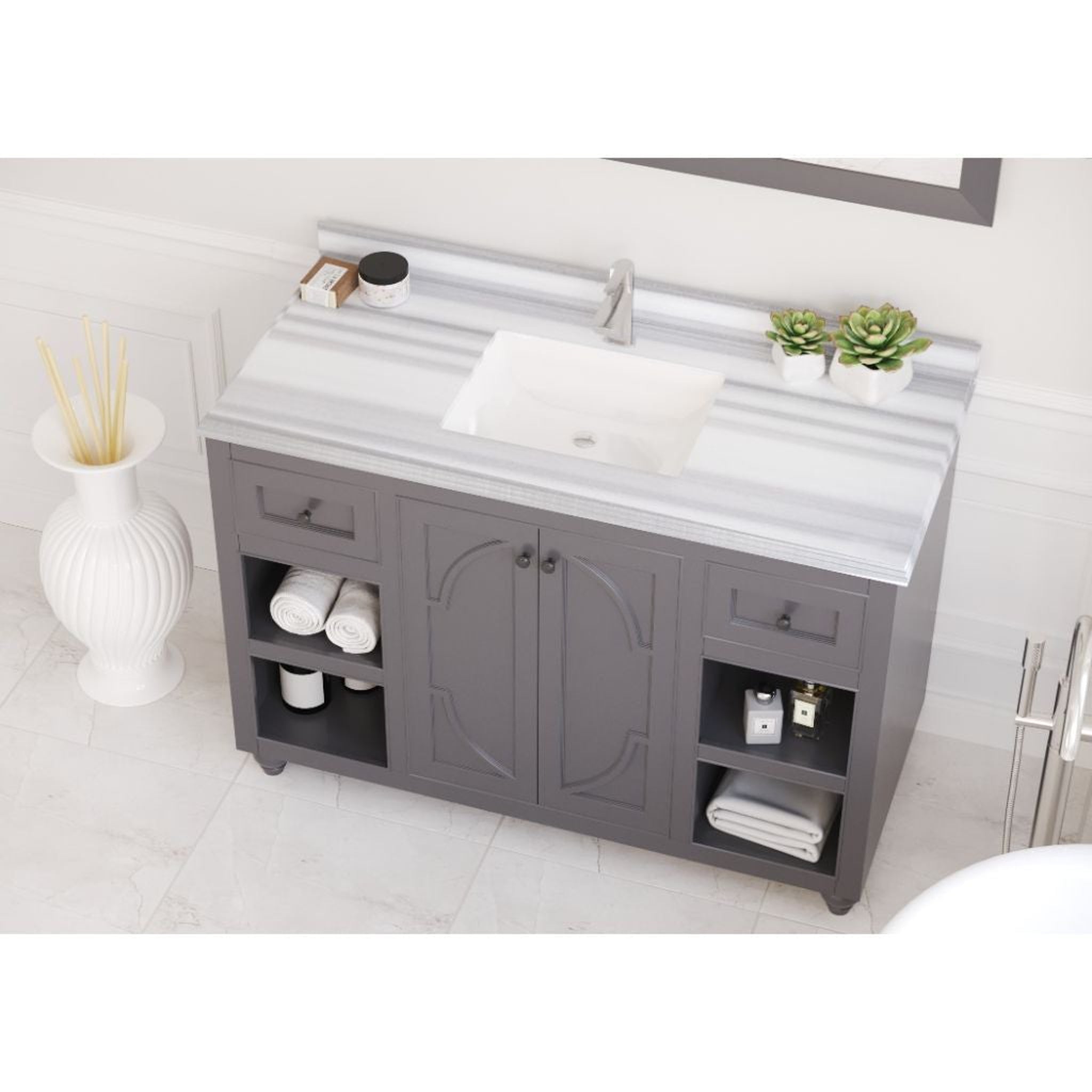 Laviva, Laviva Odyssey 48" Maple Gray Vanity Base and White Stripes Marble Countertop With Rectangular Ceramic Sink