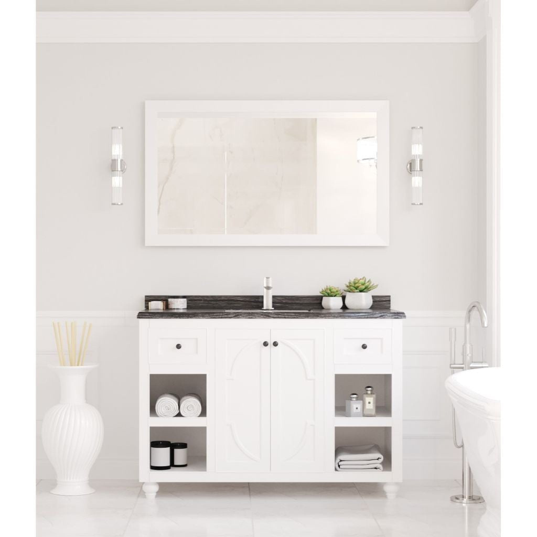 Laviva, Laviva Odyssey 48" White Vanity Base and Black Wood Marble Countertop With Rectangular Ceramic Sink