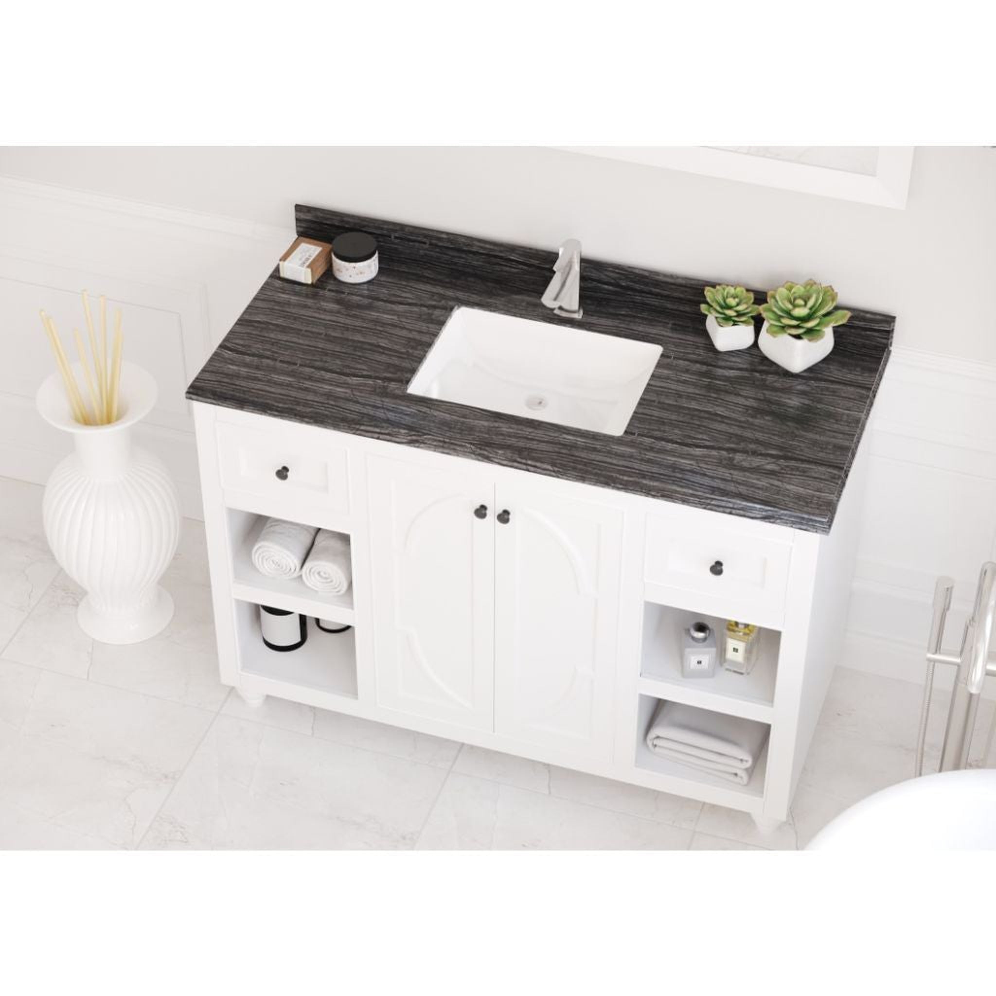 Laviva, Laviva Odyssey 48" White Vanity Base and Black Wood Marble Countertop With Rectangular Ceramic Sink