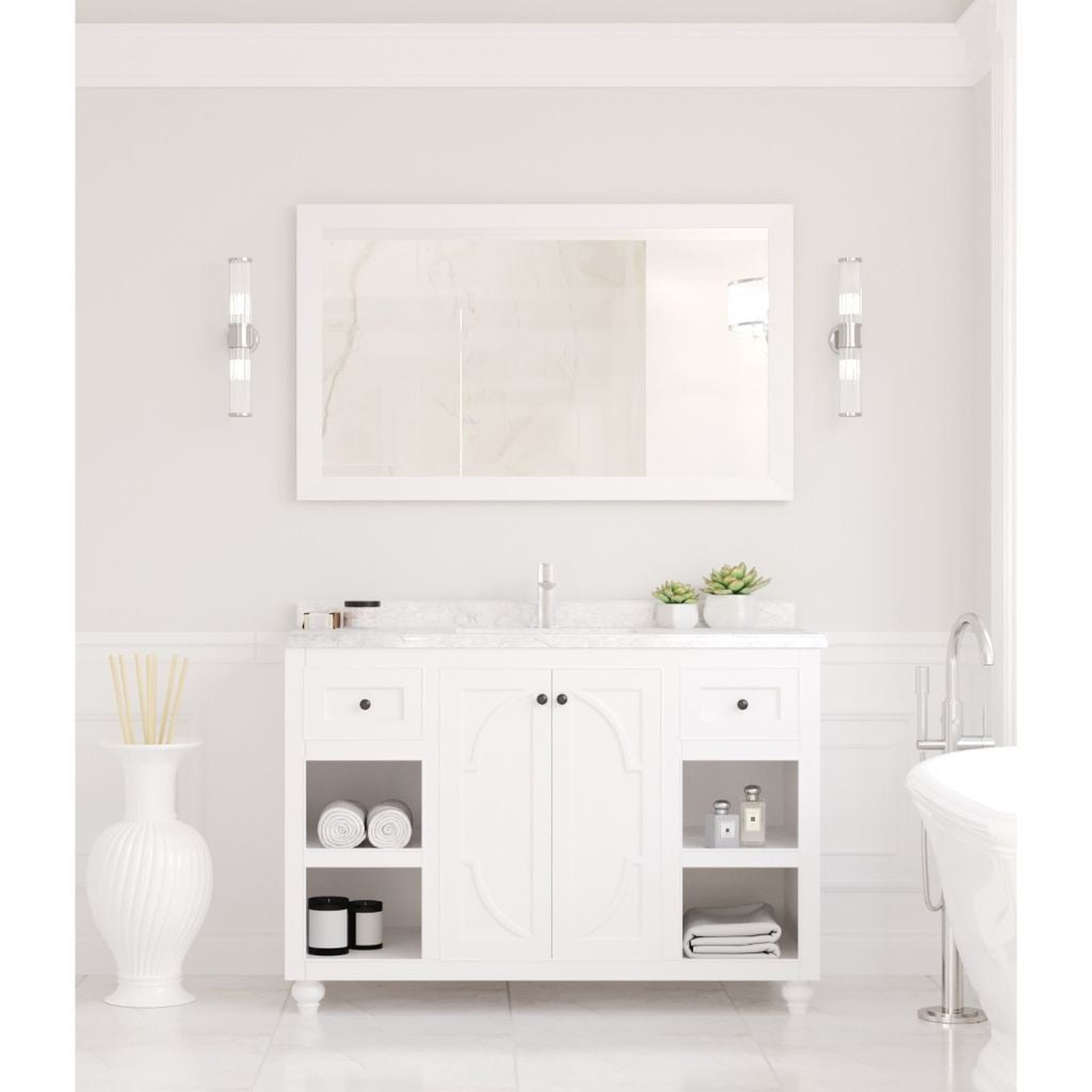 Laviva, Laviva Odyssey 48" White Vanity Base and White Carrara Marble Countertop With Rectangular Ceramic Sink