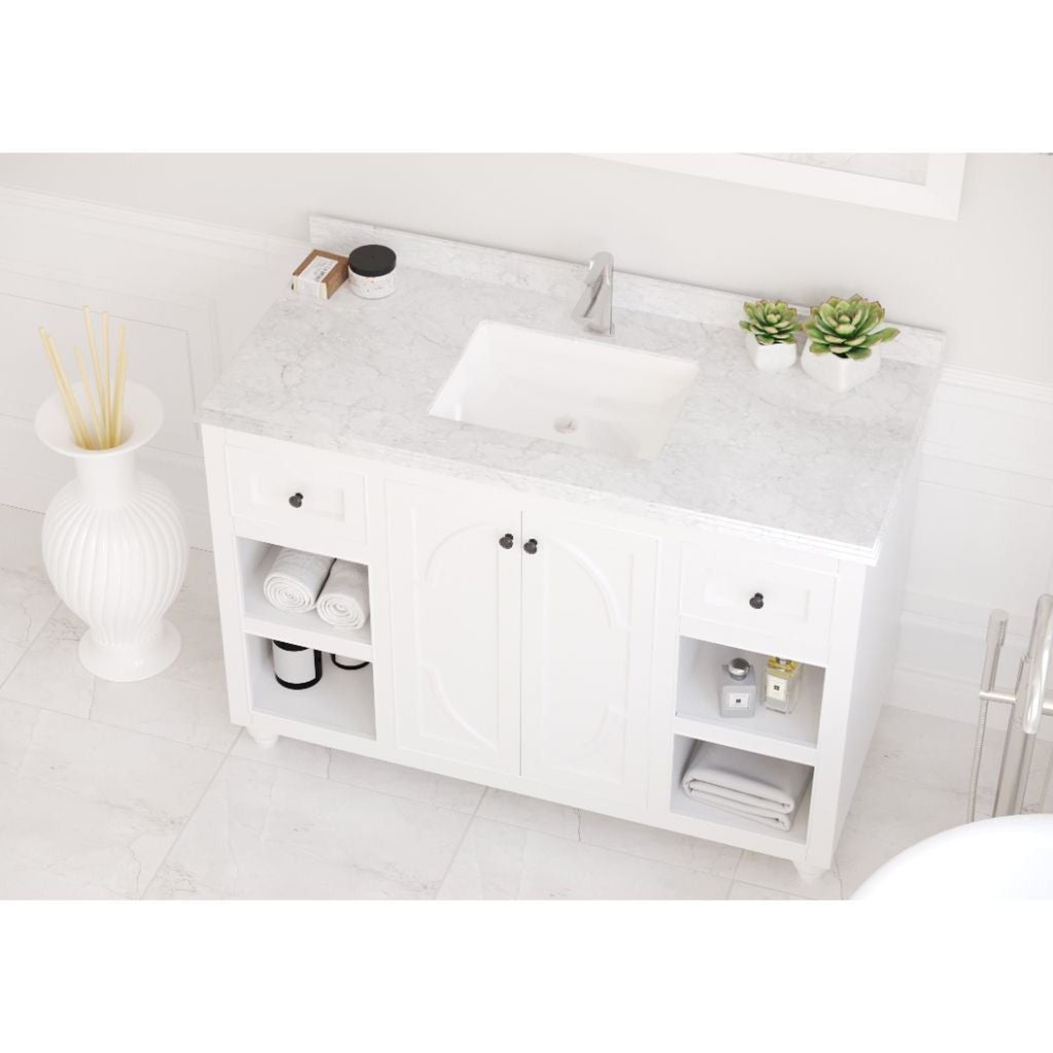 Laviva, Laviva Odyssey 48" White Vanity Base and White Carrara Marble Countertop With Rectangular Ceramic Sink