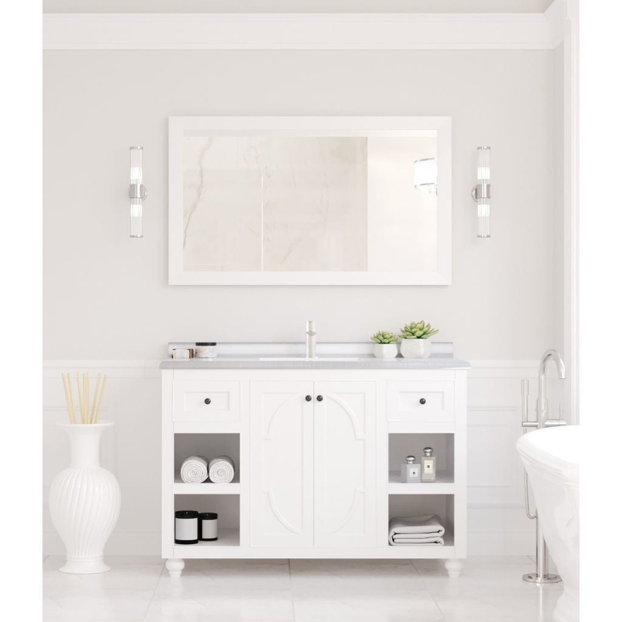 Laviva, Laviva Odyssey 48" White Vanity Base and White Stripes Marble Countertop With Rectangular Ceramic Sink