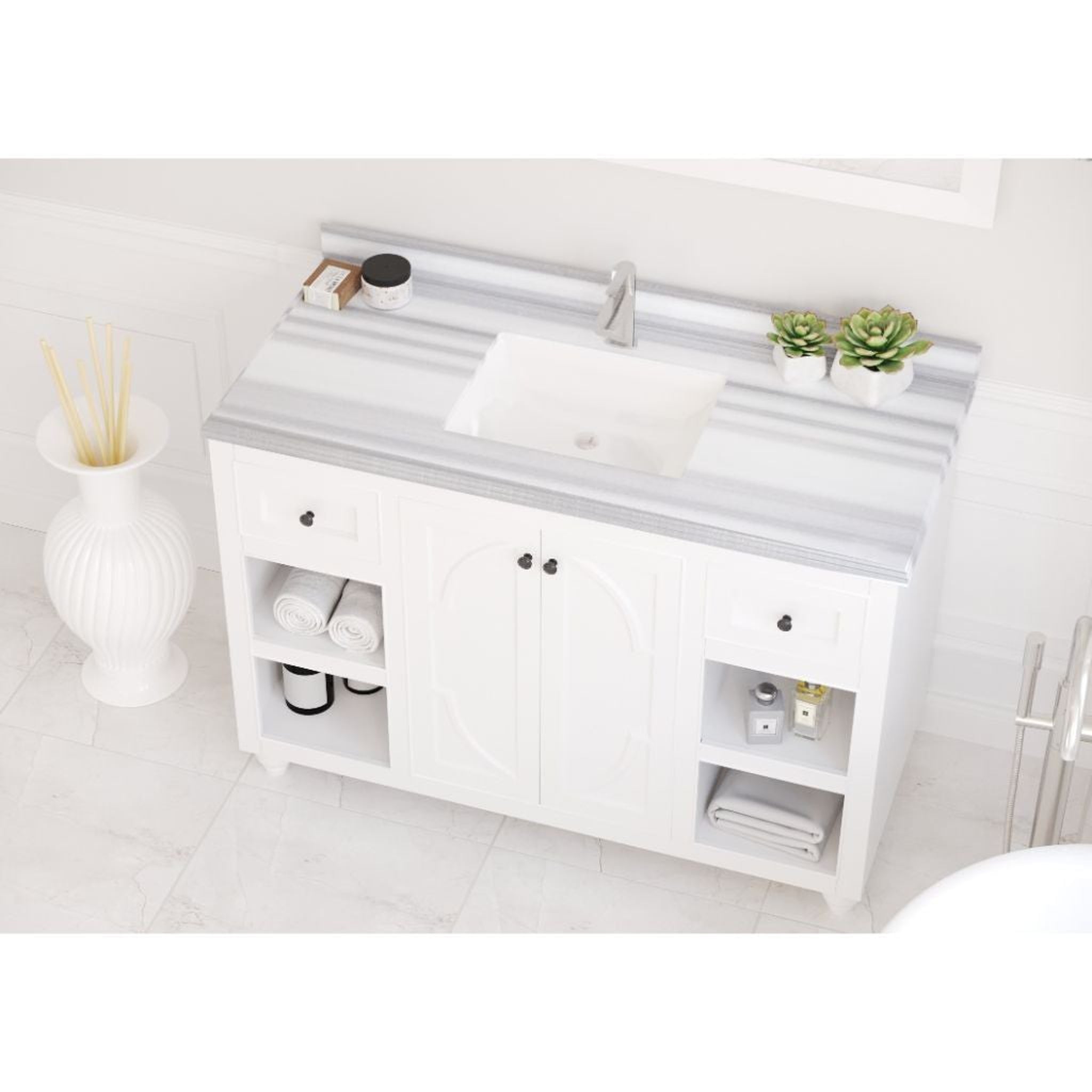 Laviva, Laviva Odyssey 48" White Vanity Base and White Stripes Marble Countertop With Rectangular Ceramic Sink