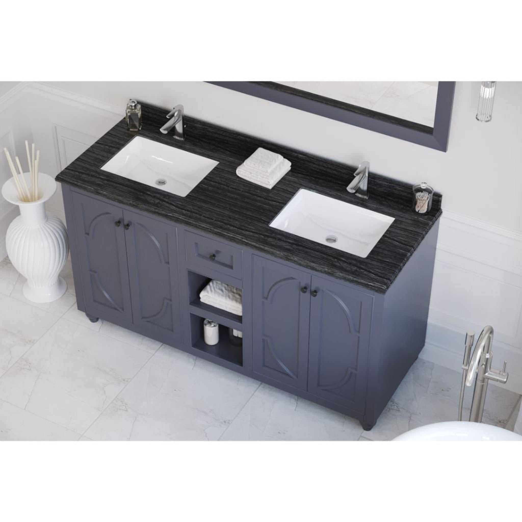 Laviva, Laviva Odyssey 60" Maple Gray Vanity Base and Black Wood Marble Countertop With Double Rectangular Ceramic Sinks