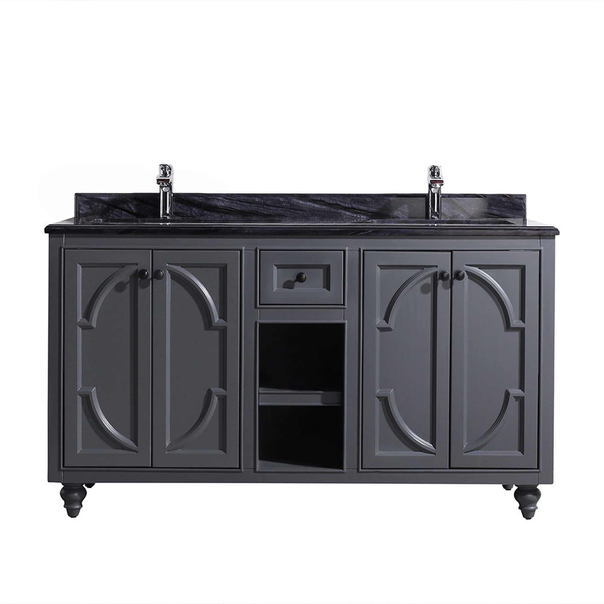 Laviva, Laviva Odyssey 60" Maple Gray Vanity Base and Black Wood Marble Countertop With Double Rectangular Ceramic Sinks