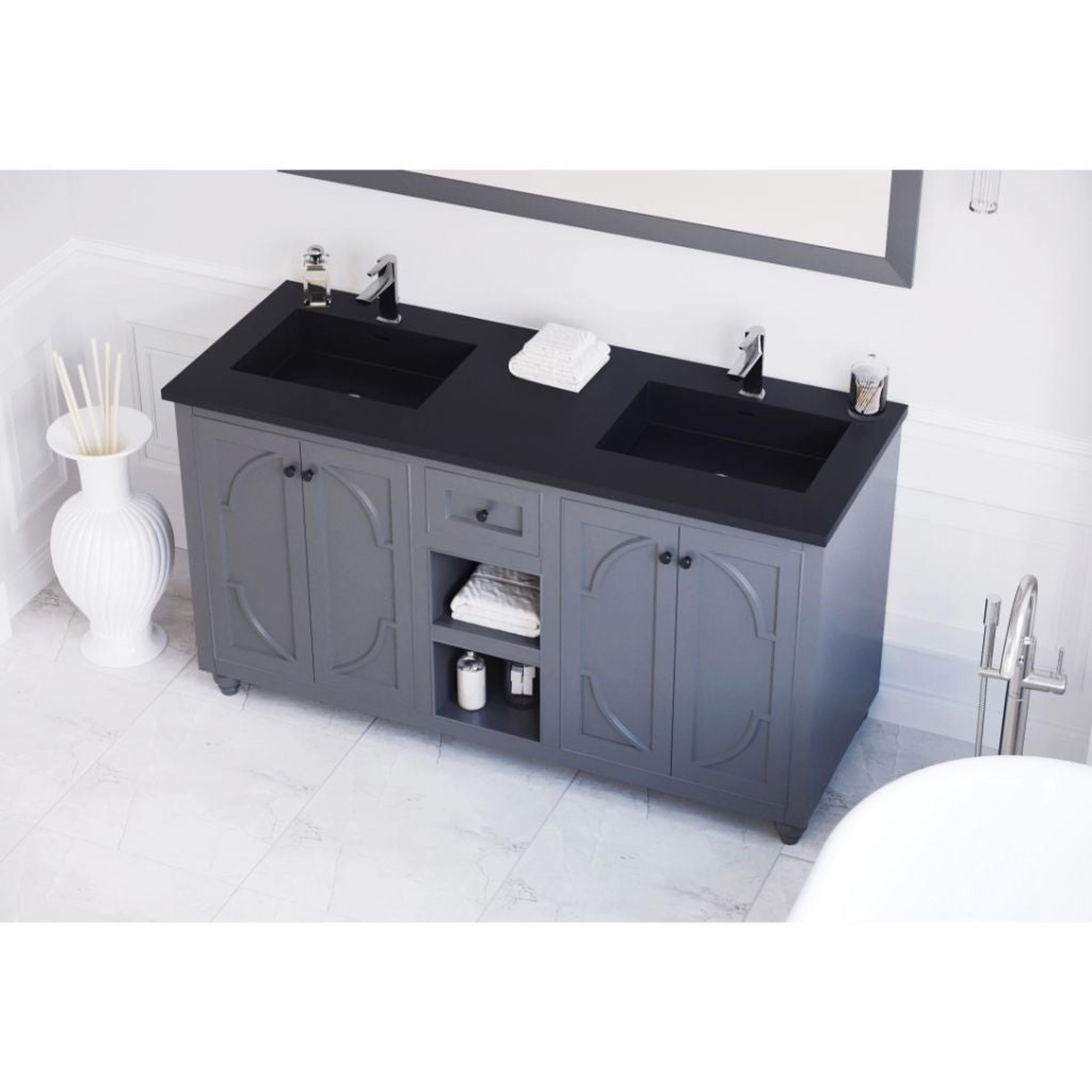 Laviva, Laviva Odyssey 60" Maple Gray Vanity Base and Matte Black Solid Surface Countertop With Double Integrated Sinks