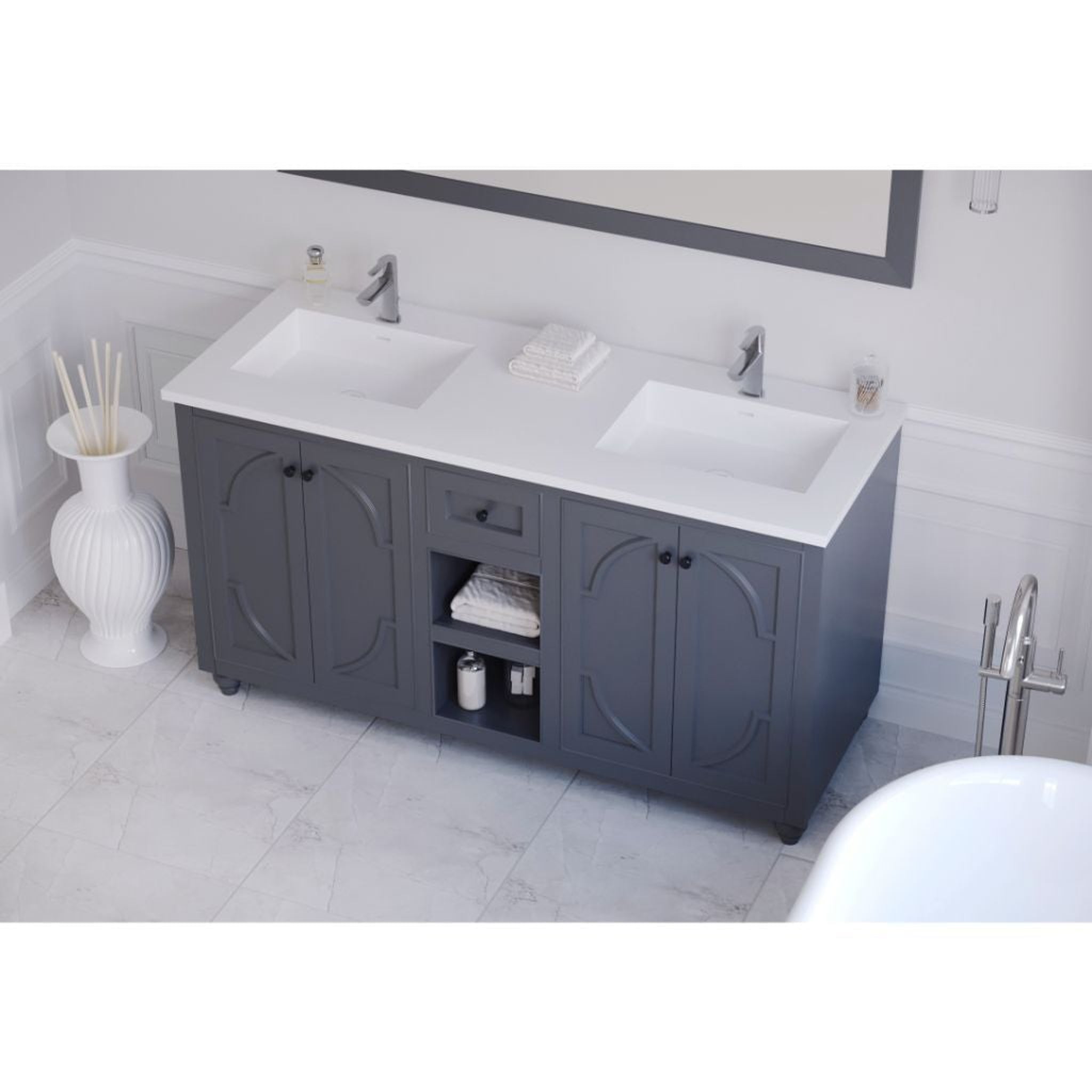 Laviva, Laviva Odyssey 60" Maple Gray Vanity Base and Matte White Solid Surface Countertop With Double Integrated Sinks