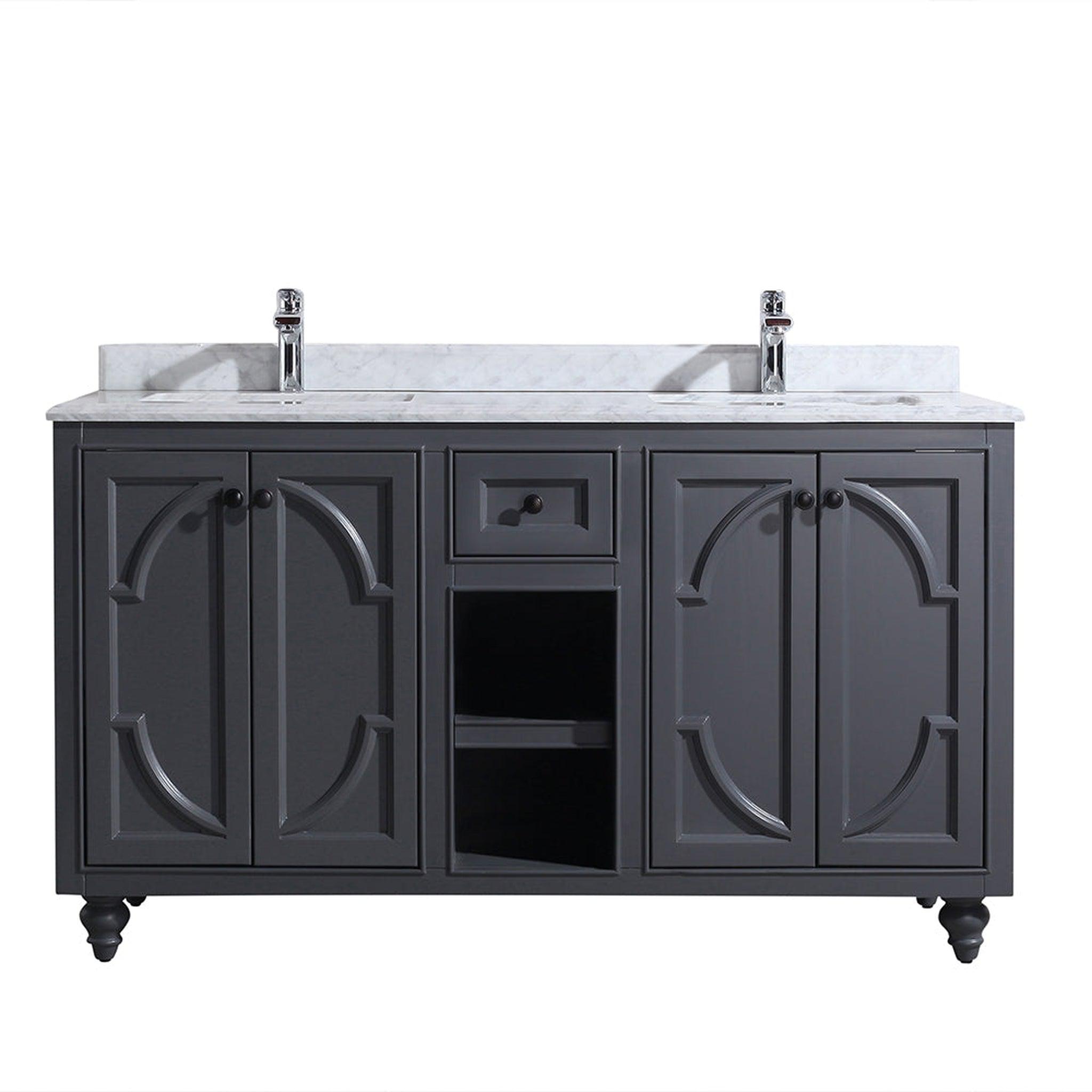 Laviva, Laviva Odyssey 60" Maple Gray Vanity Base and White Carrara Marble Countertop With Double Rectangular Ceramic Sinks