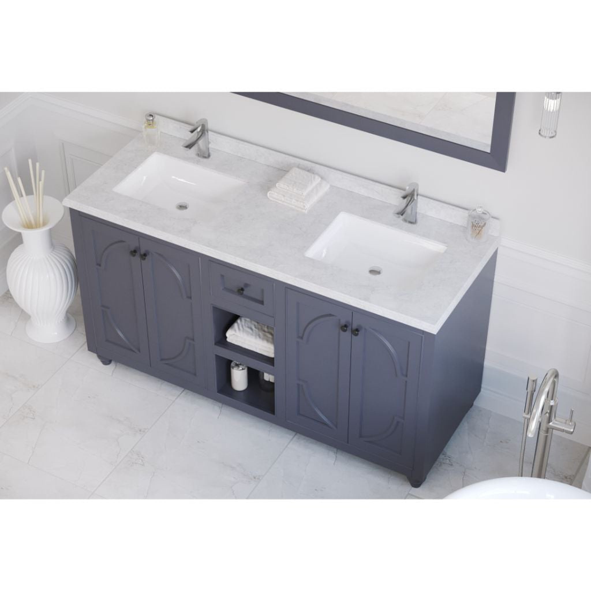 Laviva, Laviva Odyssey 60" Maple Gray Vanity Base and White Carrara Marble Countertop With Double Rectangular Ceramic Sinks