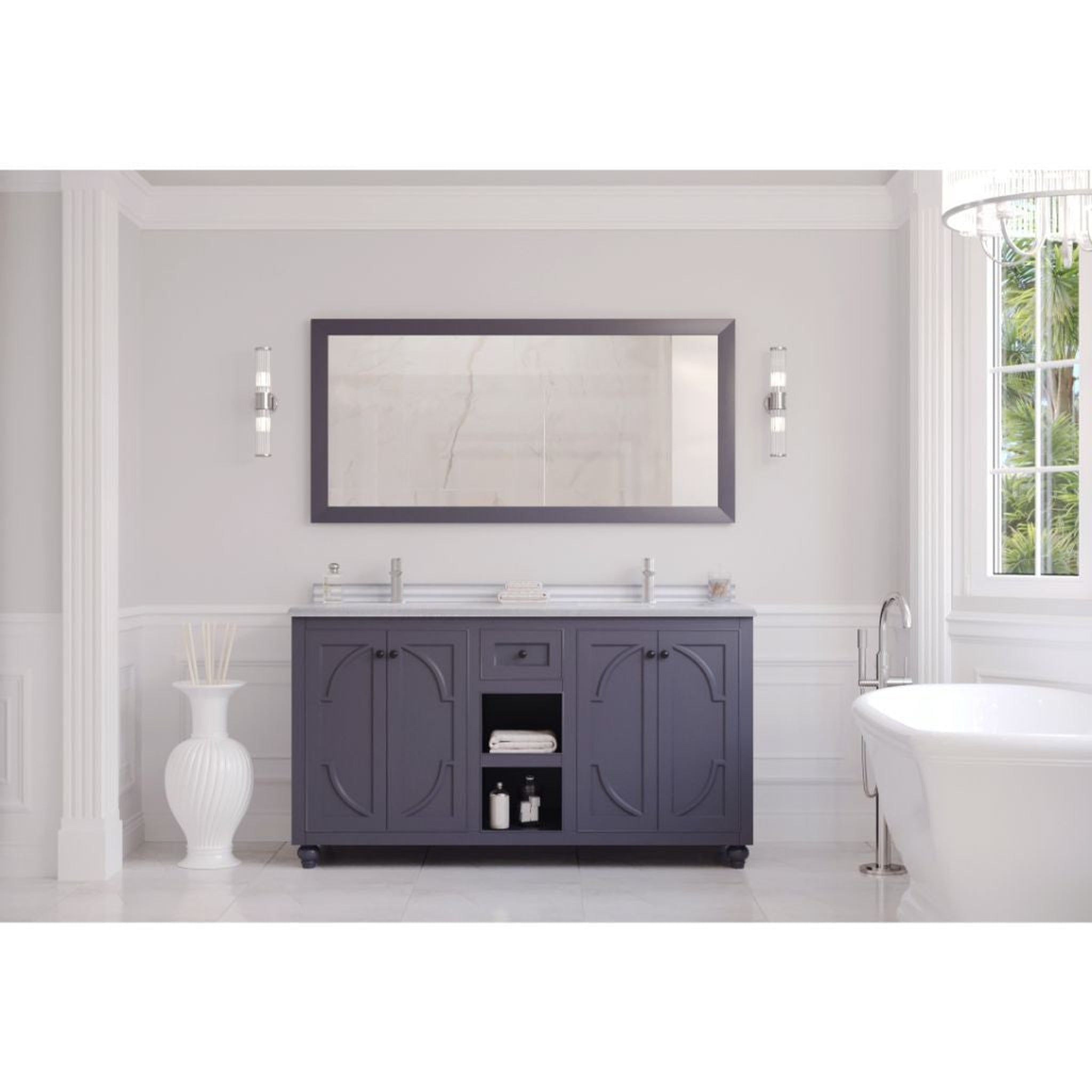 Laviva, Laviva Odyssey 60" Maple Gray Vanity Base and White Stripes Marble Countertop With Double Rectangular Ceramic Sinks