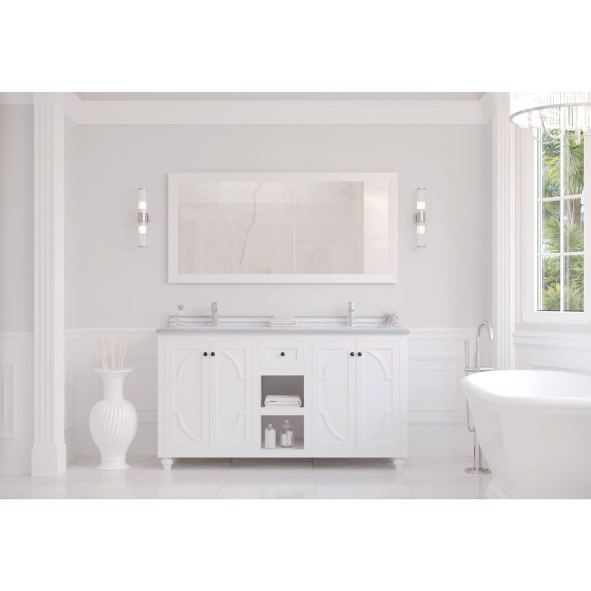 Laviva, Laviva Odyssey 60" White Cabinet Vanity Base and White Stripes Marble Countertop With Double Rectangular Ceramic Sinks