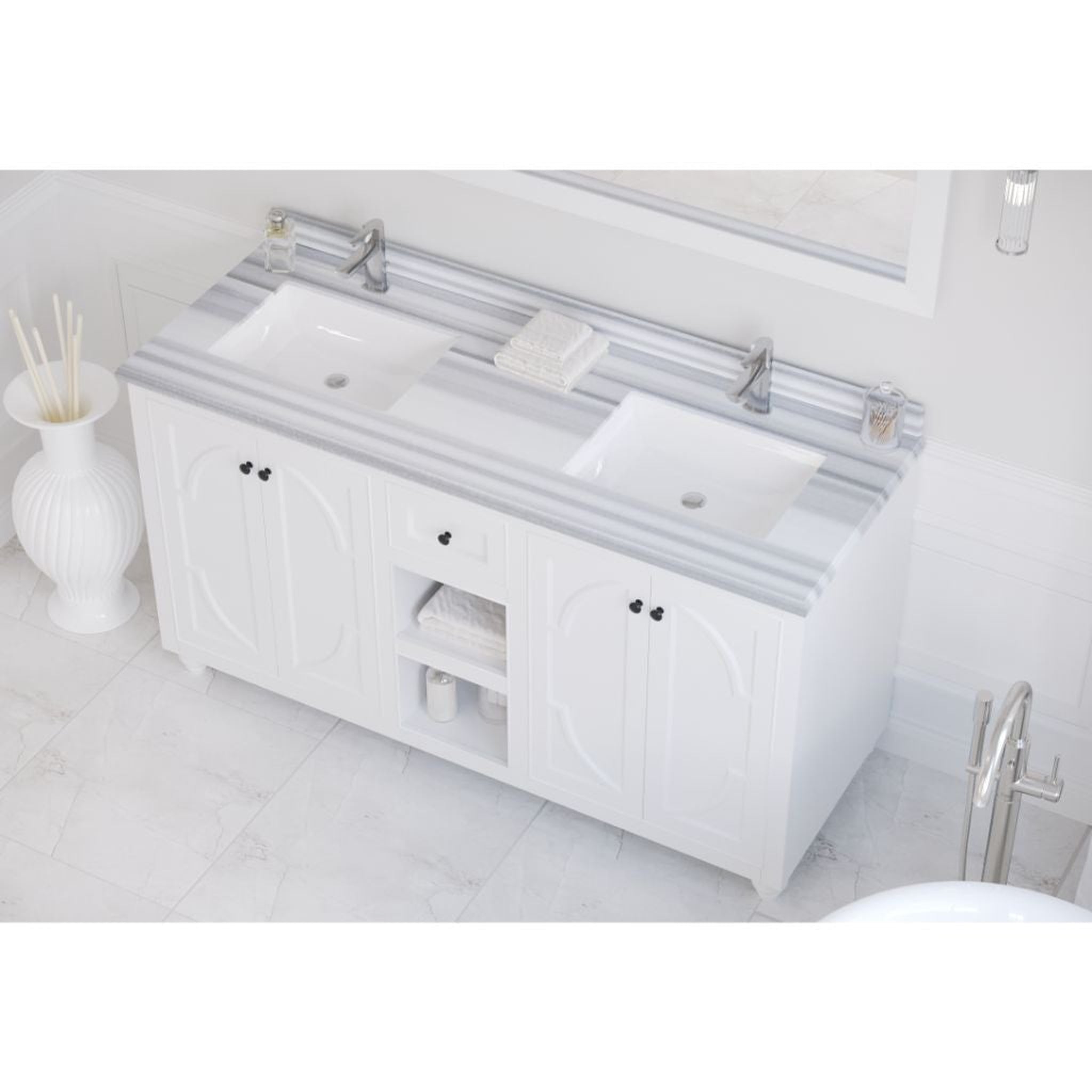 Laviva, Laviva Odyssey 60" White Cabinet Vanity Base and White Stripes Marble Countertop With Double Rectangular Ceramic Sinks