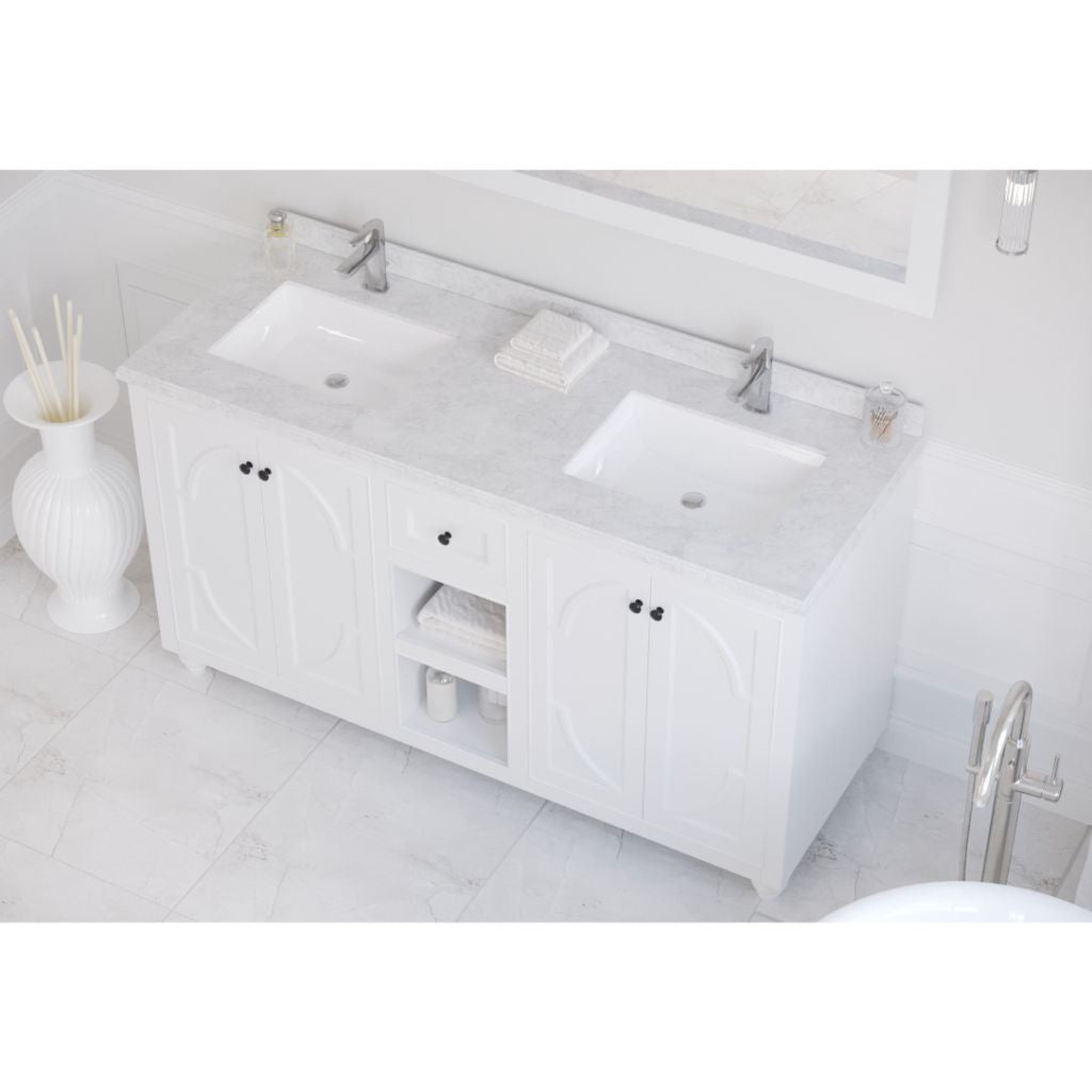 Laviva, Laviva Odyssey 60" White Vanity Base and White Carrara Marble Countertop With Double Rectangular Ceramic Sinks