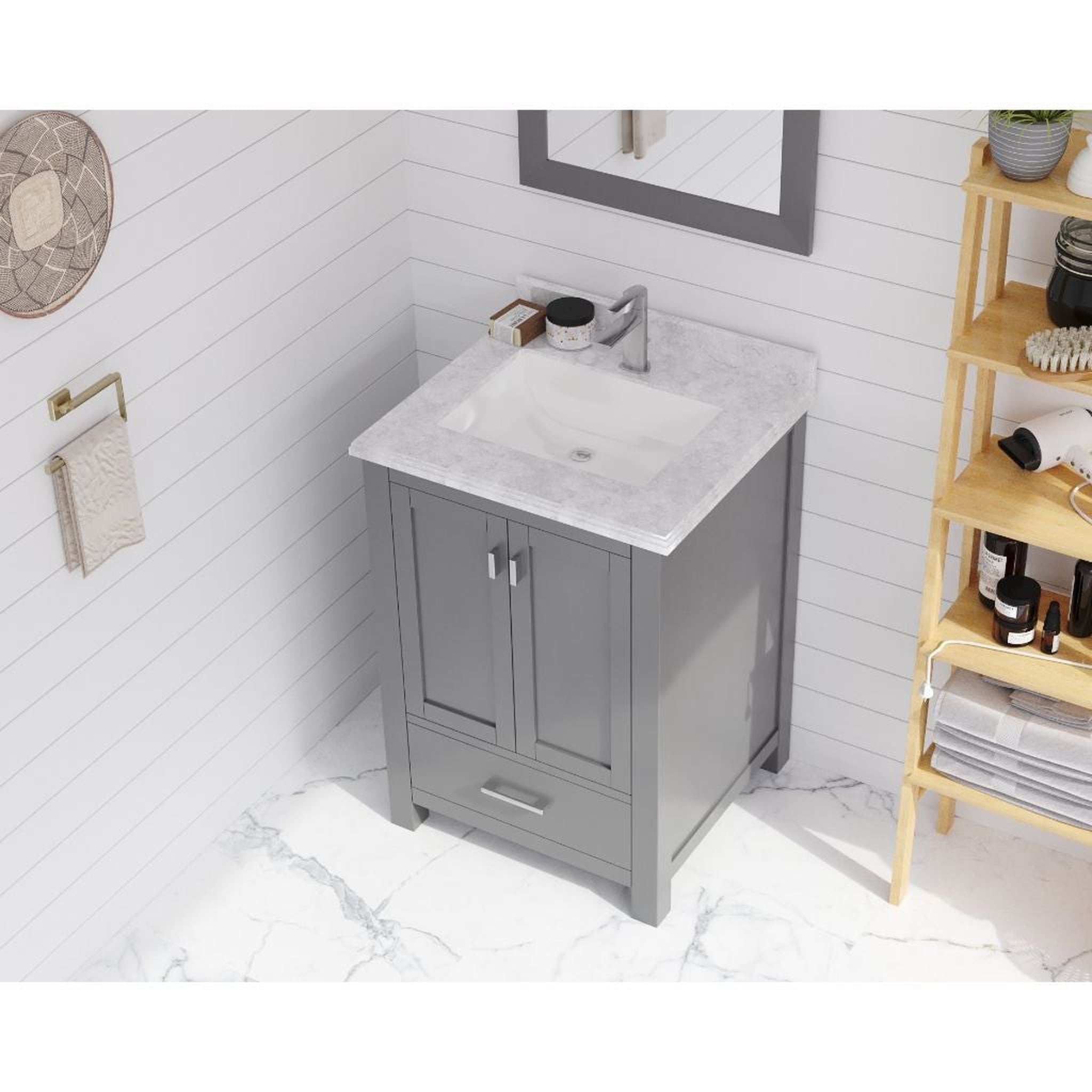 Laviva, Laviva Wilson 24" Gray Vanity Base and White Carrara Marble Countertop With Rectangular Ceramic Sink