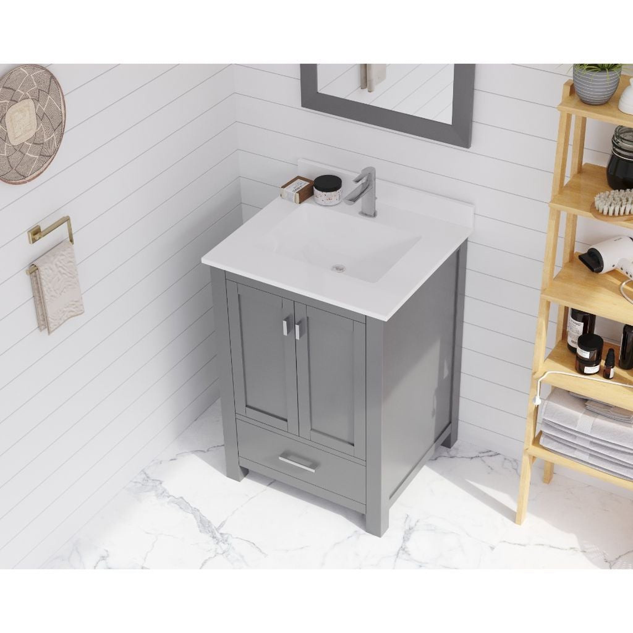 Laviva, Laviva Wilson 24" Gray Vanity Base and White Quartz Countertop With Rectangular Ceramic Sink