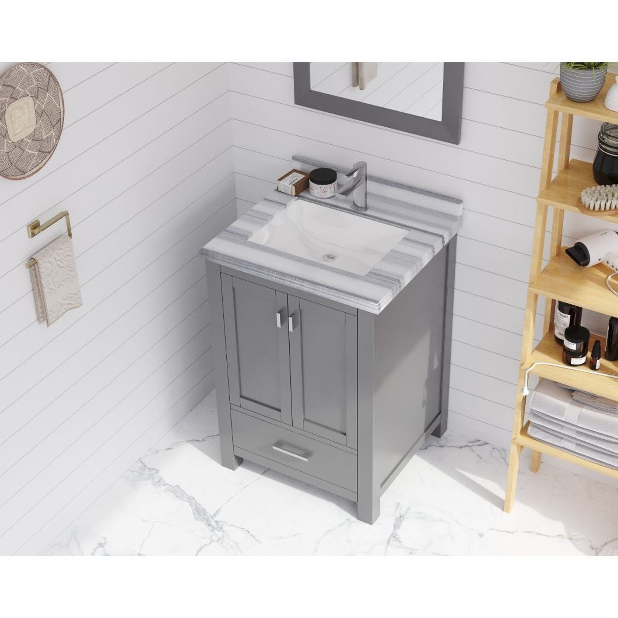 Laviva, Laviva Wilson 24" Gray Vanity Base and White Stripes Marble Countertop With Rectangular Ceramic Sink