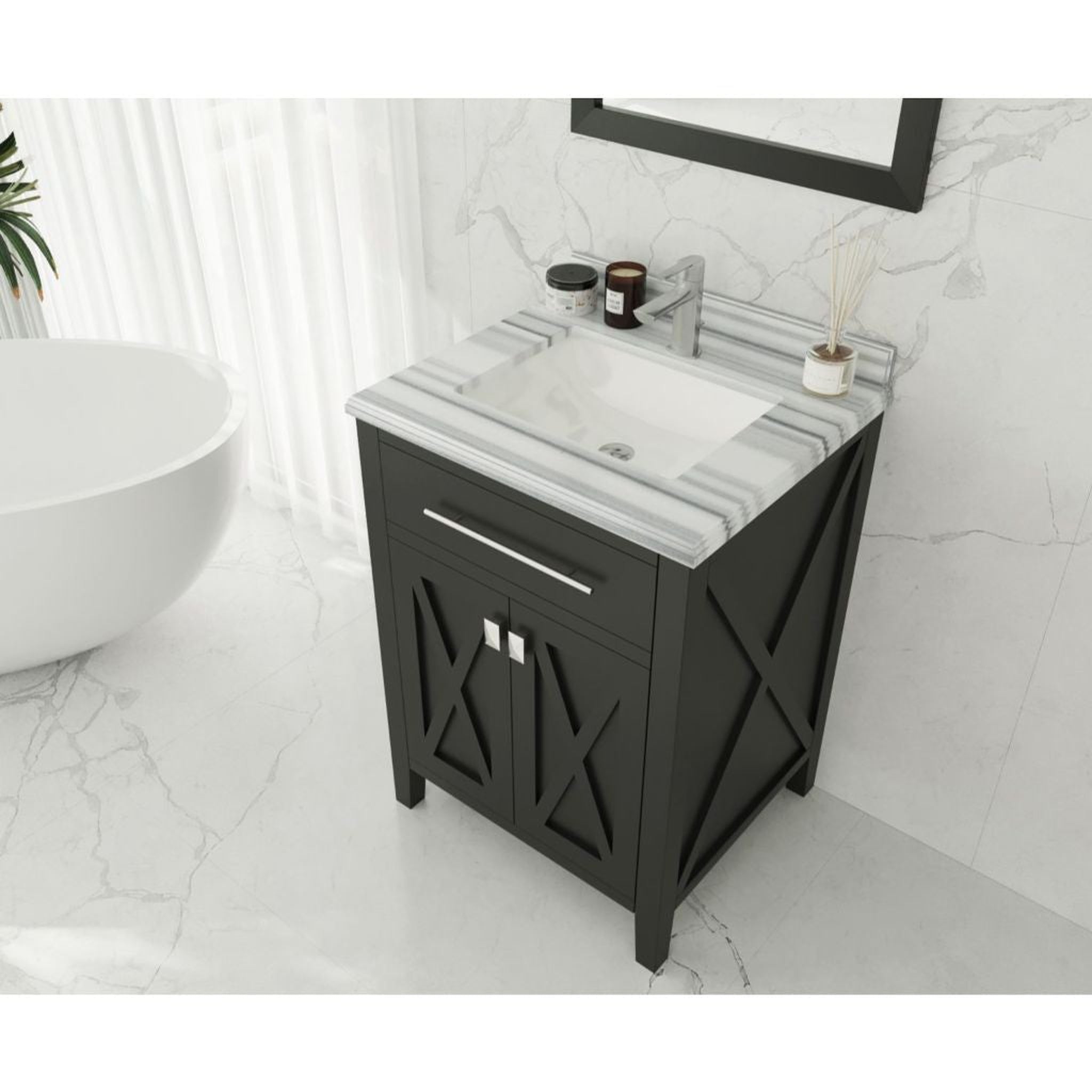 Laviva, Laviva Wimbledon 24" Espresso Vanity Base and White Stripes Marble Countertop With Rectangular Ceramic Sink