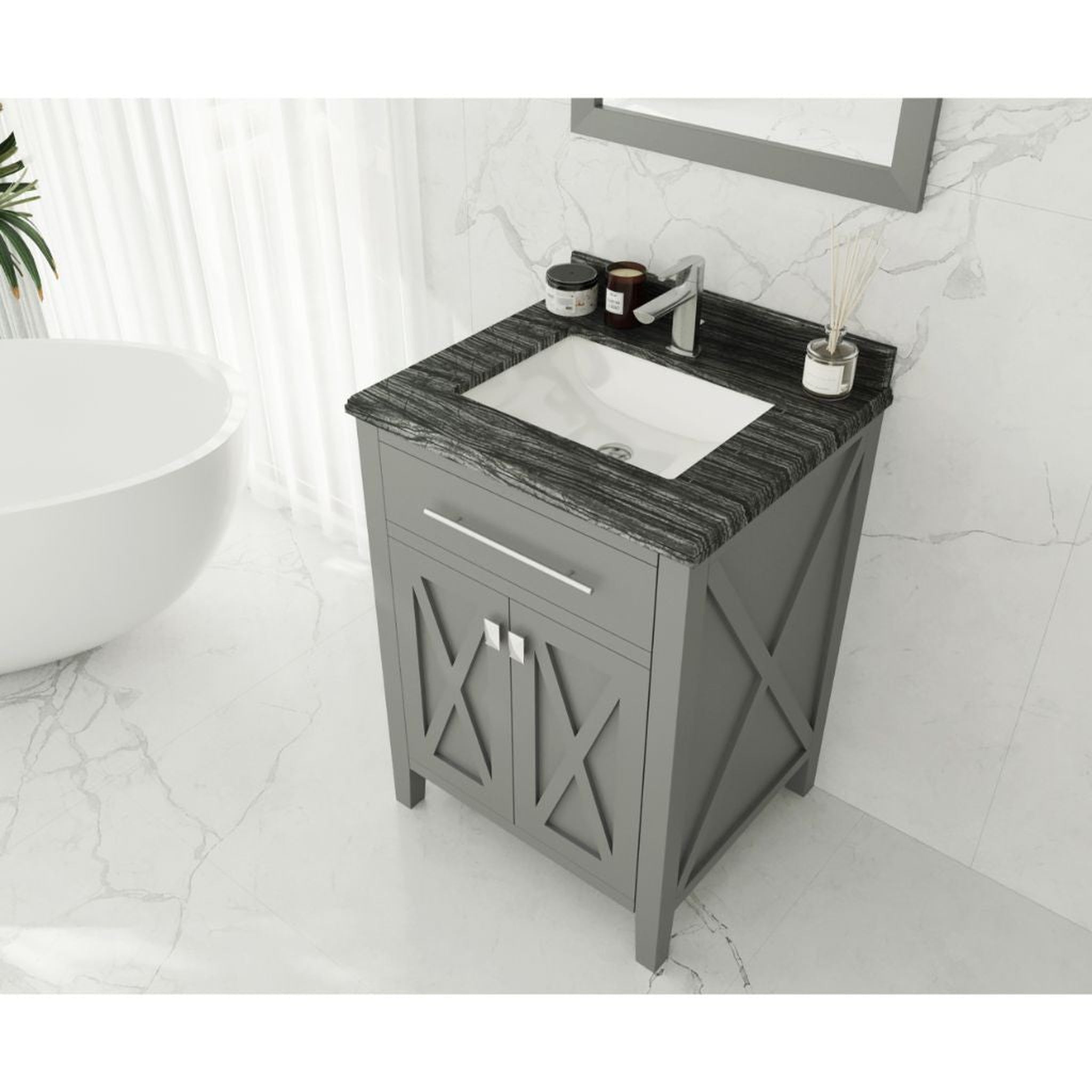 Laviva, Laviva Wimbledon 24" Gray Vanity Base and Black Wood Marble Countertop With Rectangular Ceramic Sink