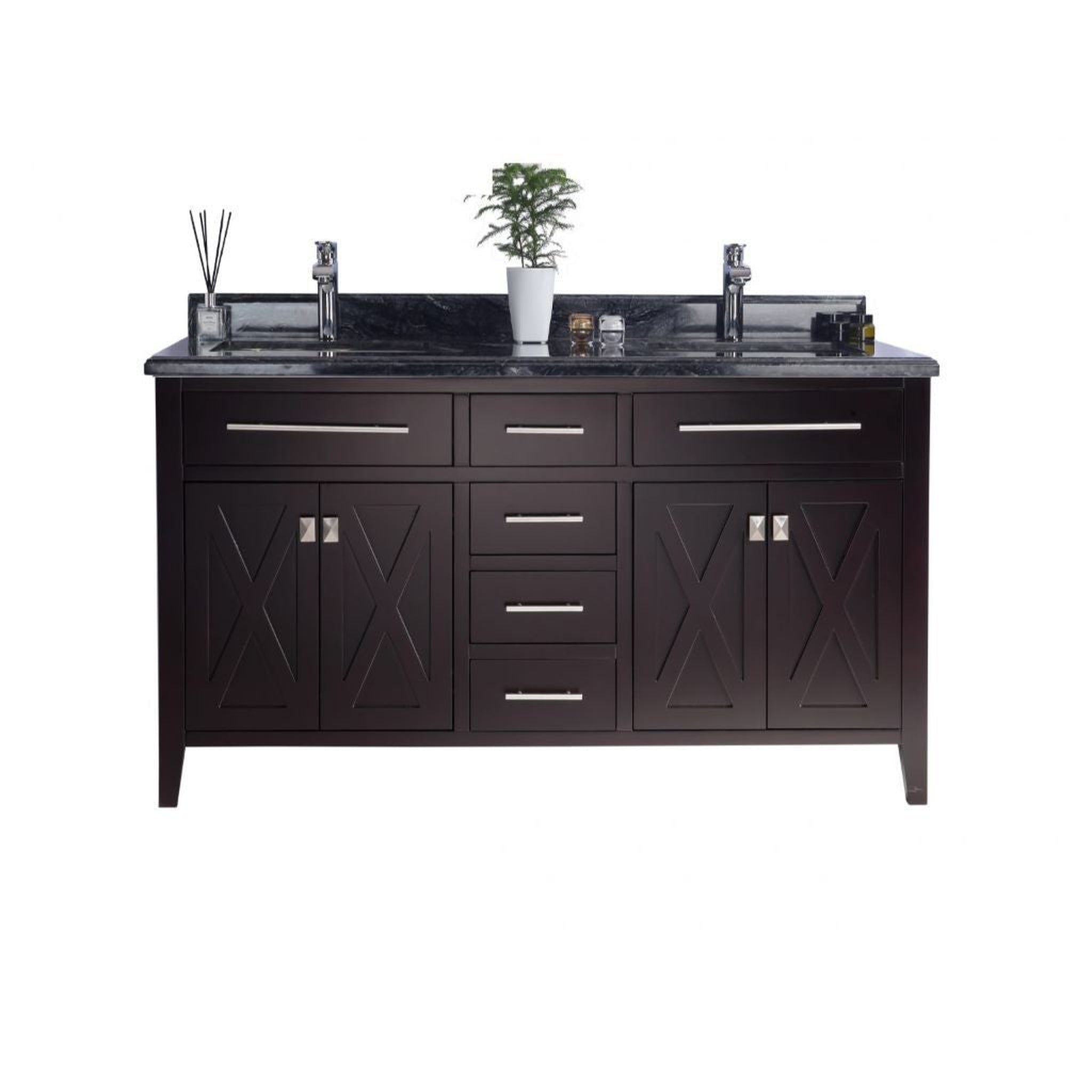 Laviva, Laviva Wimbledon 60" Brown Vanity Base and Black Wood Marble Countertop With Double Rectangular Ceramic Sinks