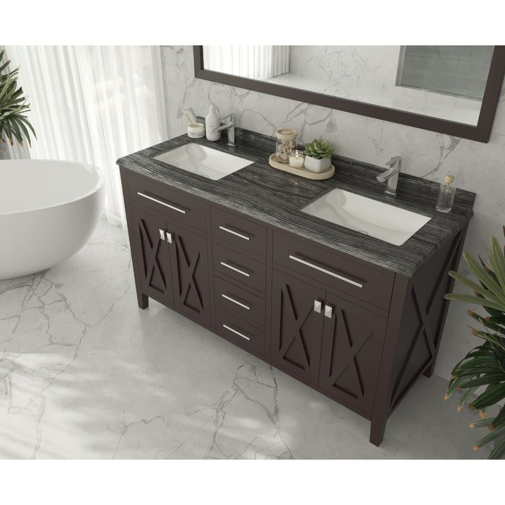 Laviva, Laviva Wimbledon 60" Brown Vanity Base and Black Wood Marble Countertop With Double Rectangular Ceramic Sinks