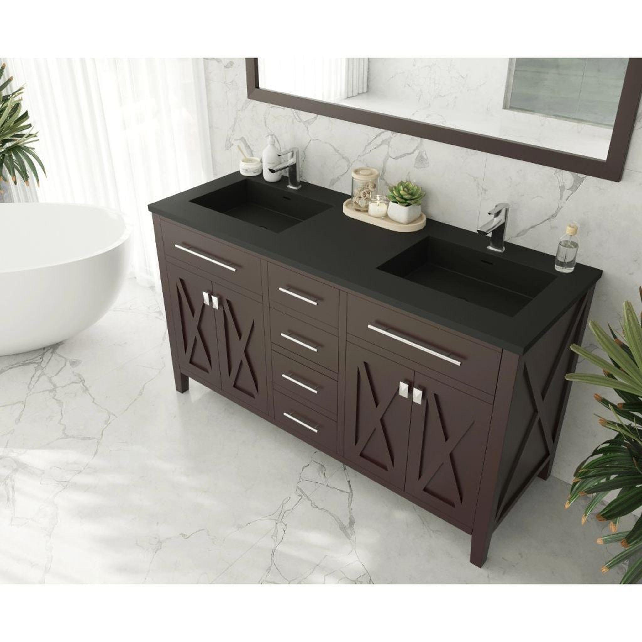 Laviva, Laviva Wimbledon 60" Brown Vanity Base and Matte Black Solid Surface Countertop With Double Integrated Sinks