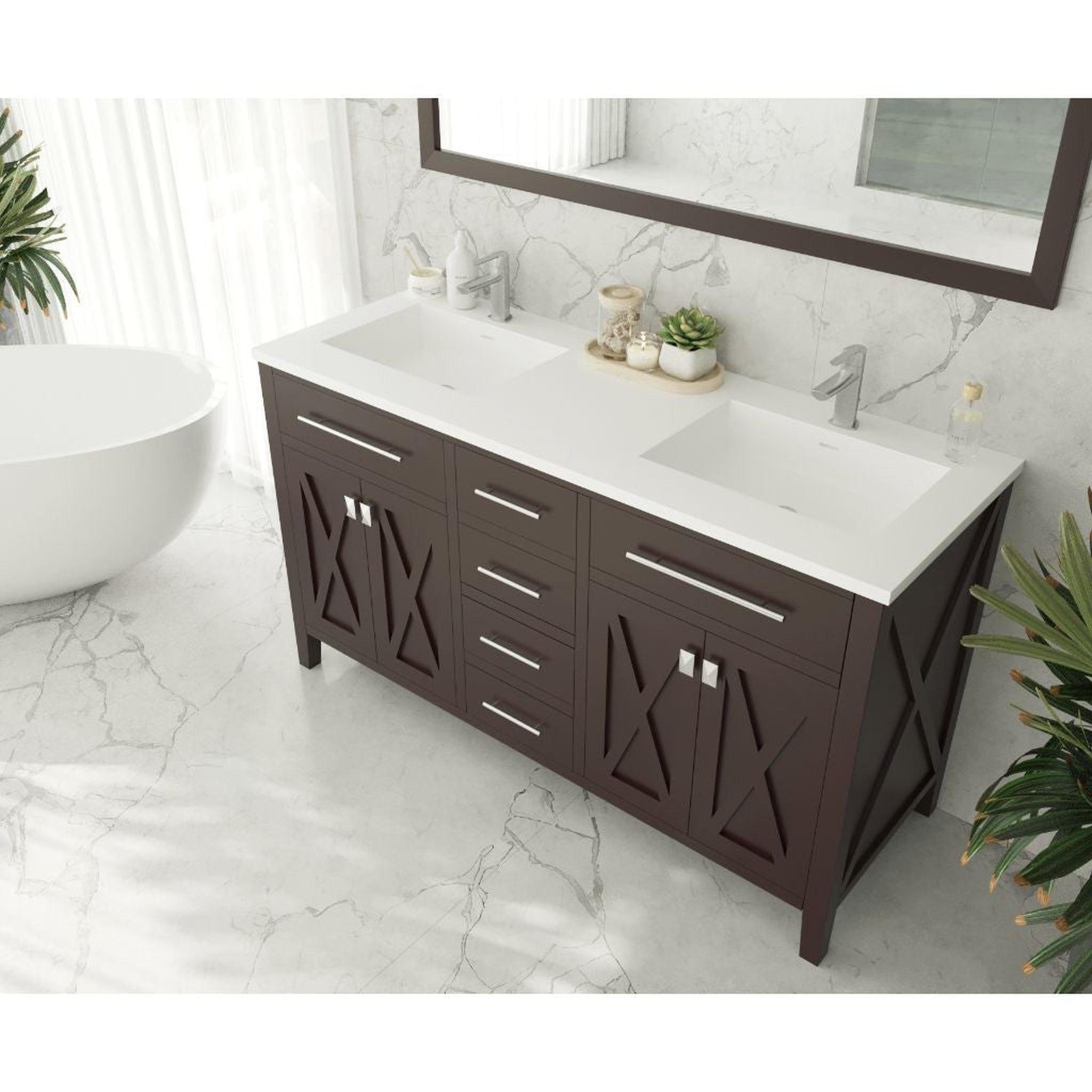 Laviva, Laviva Wimbledon 60" Brown Vanity Base and Matte White Solid Surface Countertop With Double Integrated Sinks