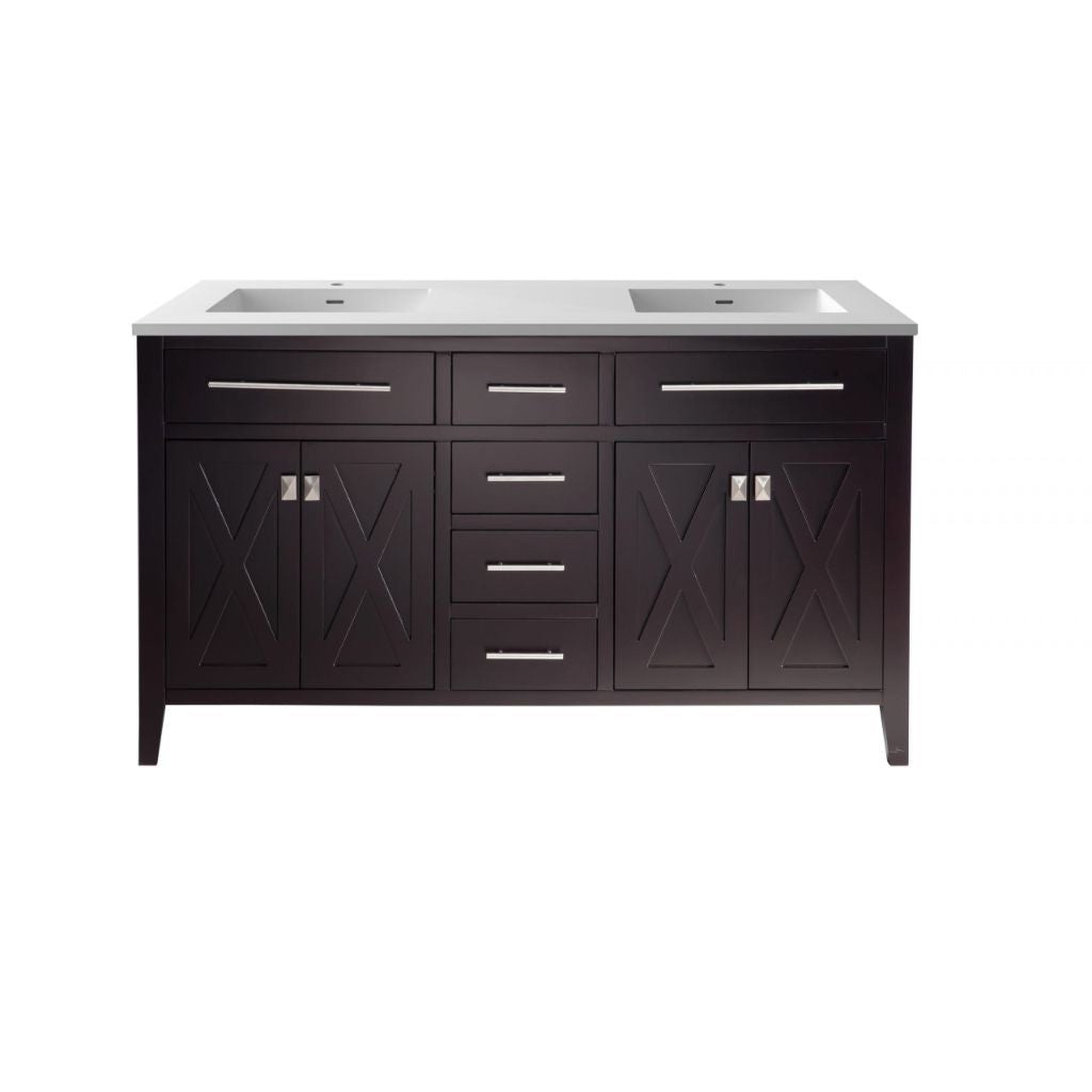 Laviva, Laviva Wimbledon 60" Brown Vanity Base and Matte White Solid Surface Countertop With Double Integrated Sinks