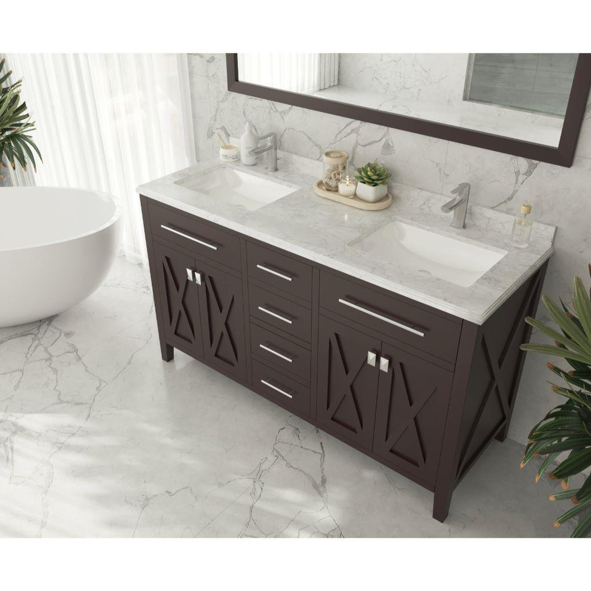 Laviva, Laviva Wimbledon 60" Brown Vanity Base and White Carrara Marble Countertop With Double Rectangular Ceramic Sinks